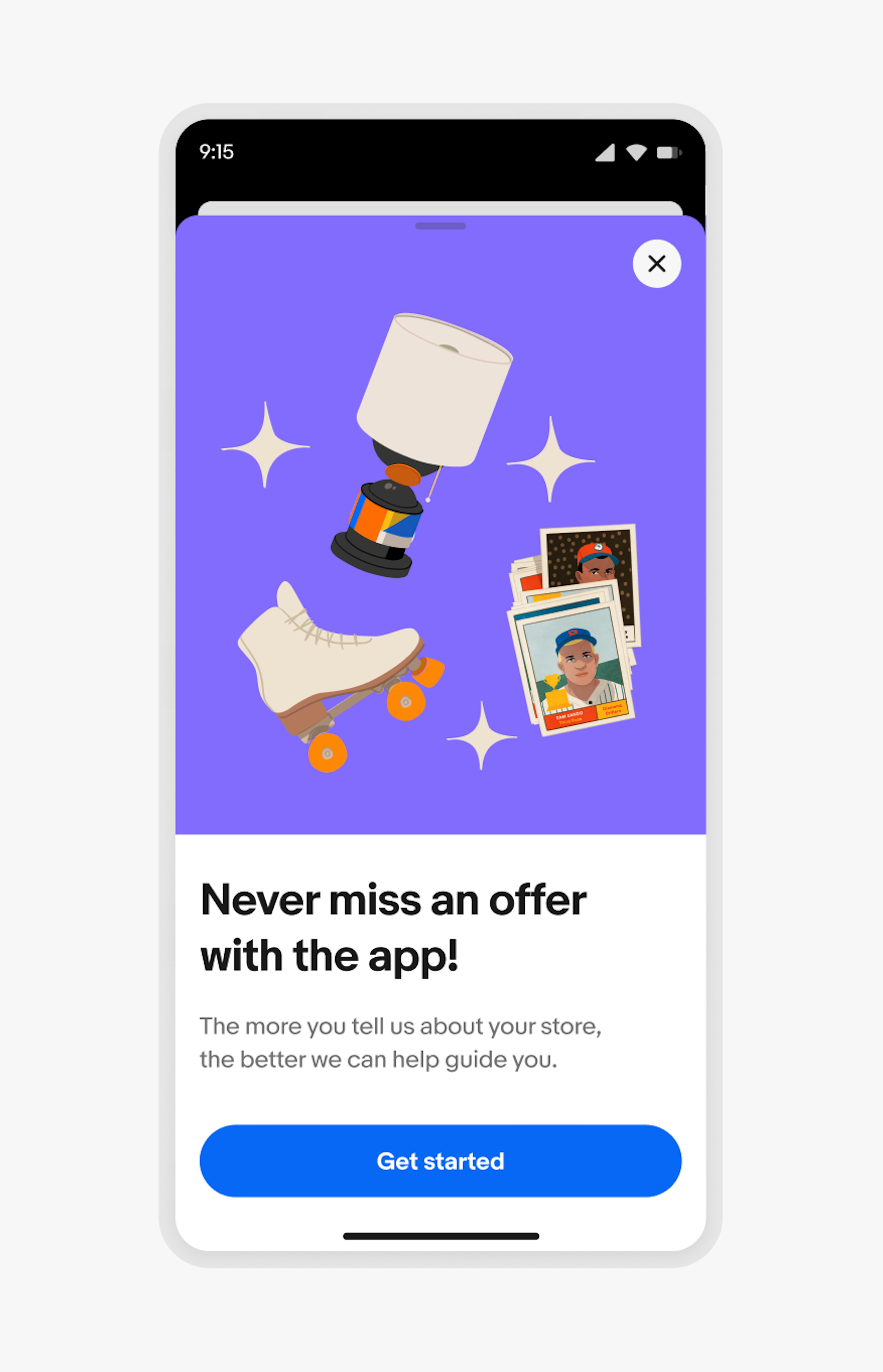 Full screen overlay on a compact iOS device with an illustration image, title, description, and button.