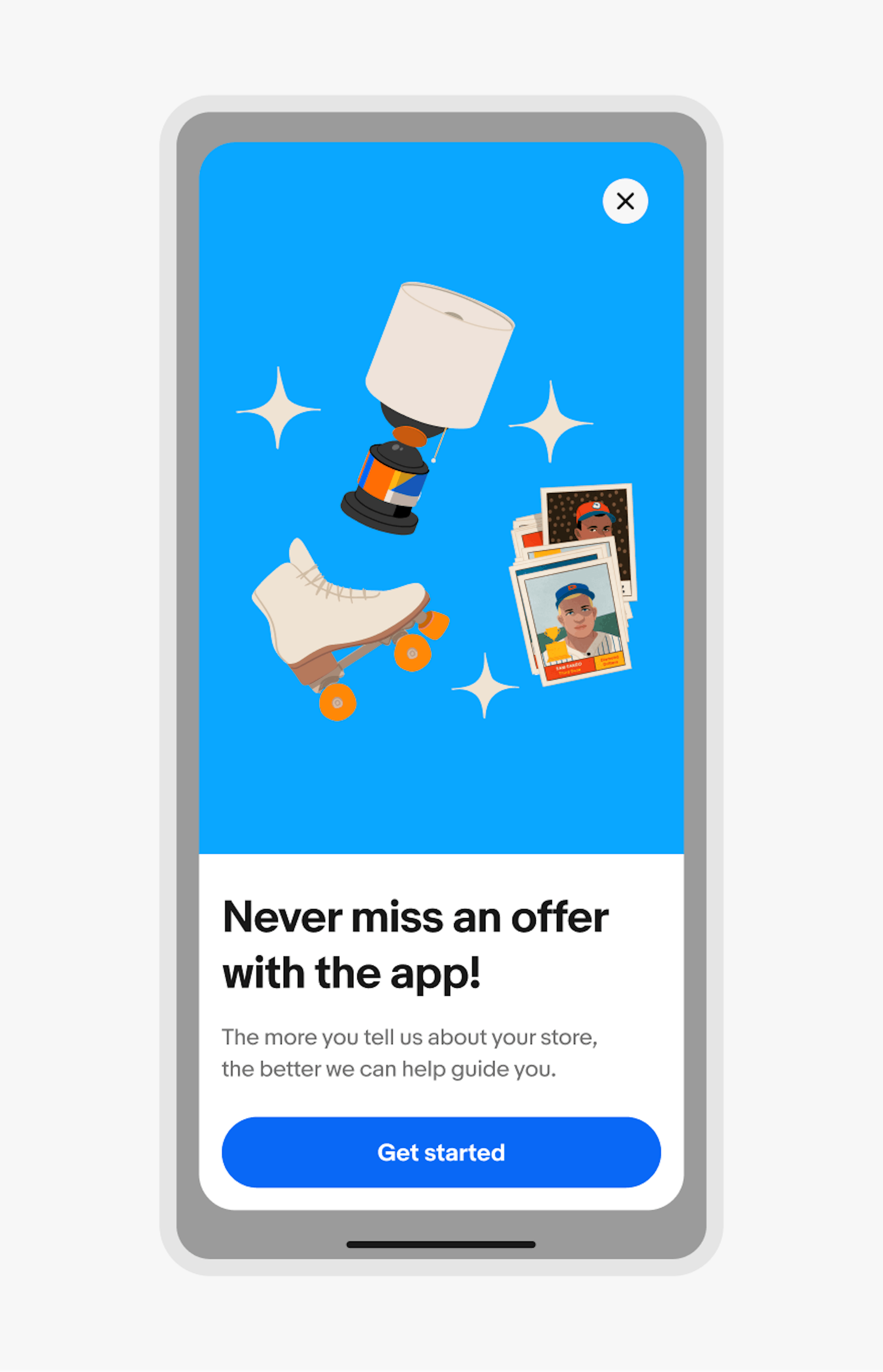 Full screen overlay in a browser on a small screen with an illustration image, title, description, and button.