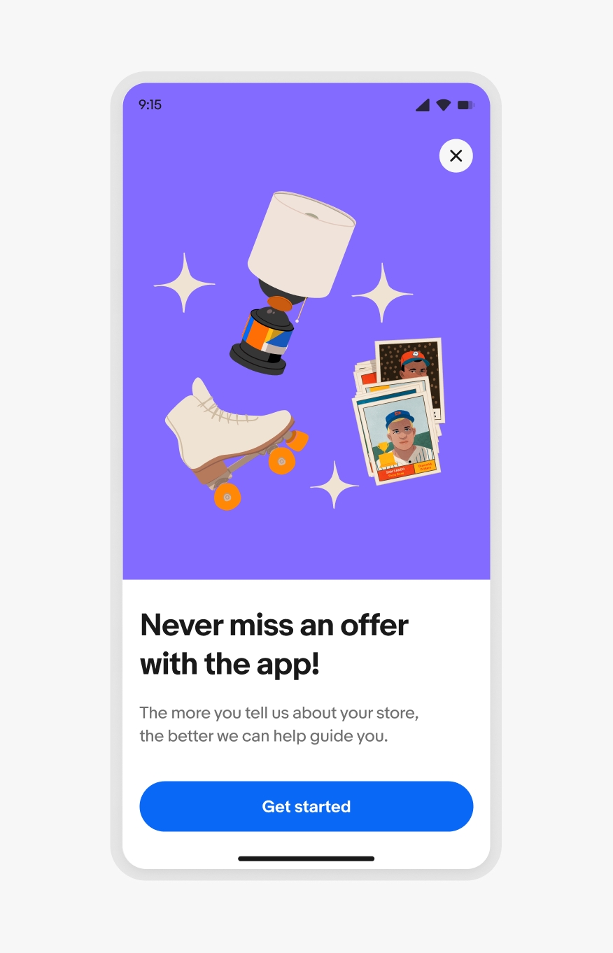 Full screen overlay on a compact Android device with an illustration image, title, description, and button.
