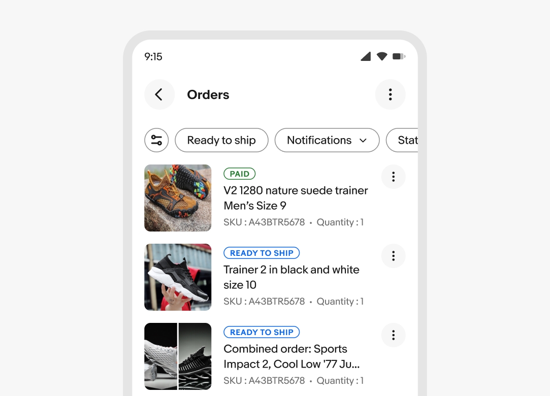 Orders page with filter chips at the top, including "Ready to ship" and "Notifications." Below, there are order listings with product images, statuses like "PAID" or "READY TO SHIP," and item details such as shoe models, sizes, SKUs, and quantities.