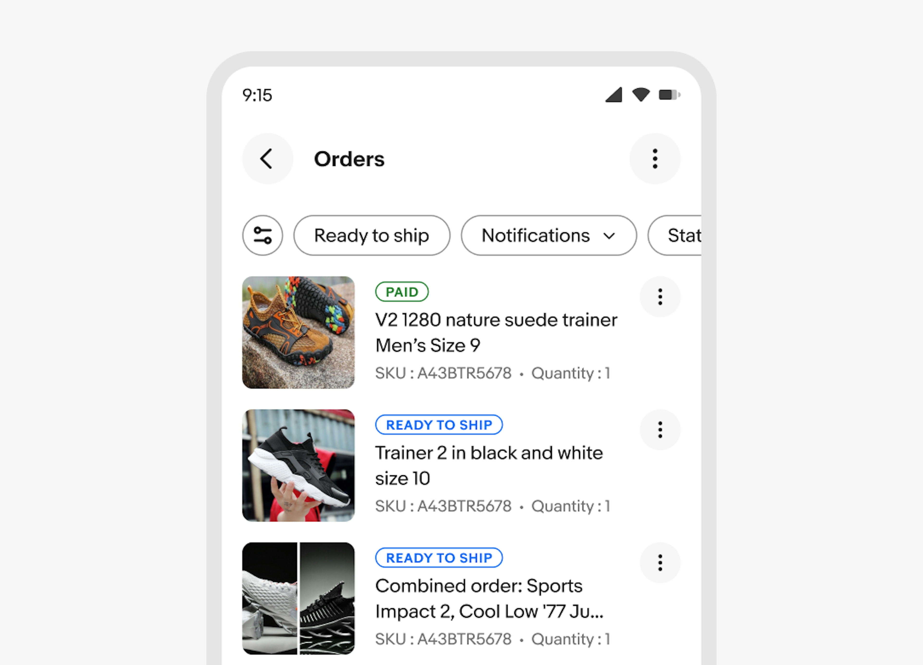 Orders page with filter chips at the top, including "Ready to ship" and "Notifications." Below, there are order listings with product images, statuses like "PAID" or "READY TO SHIP," and item details such as shoe models, sizes, SKUs, and quantities.