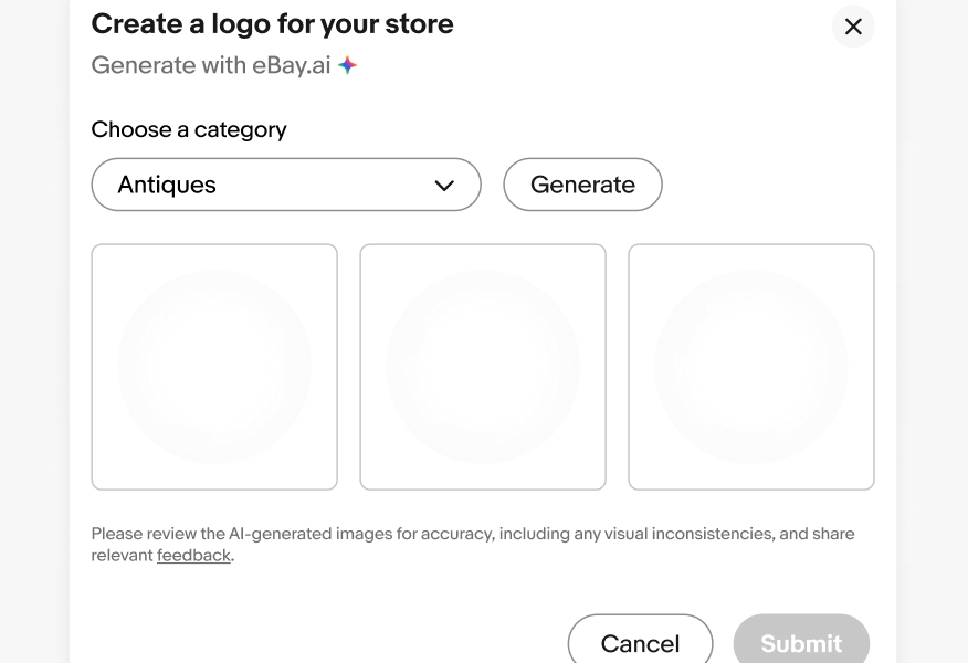 “Don’t” example showing a modal to “Create a logo for your store” with a label that says, “Generate with eBay.ai” next to a spectrum icon and “Generate” button that is text only.