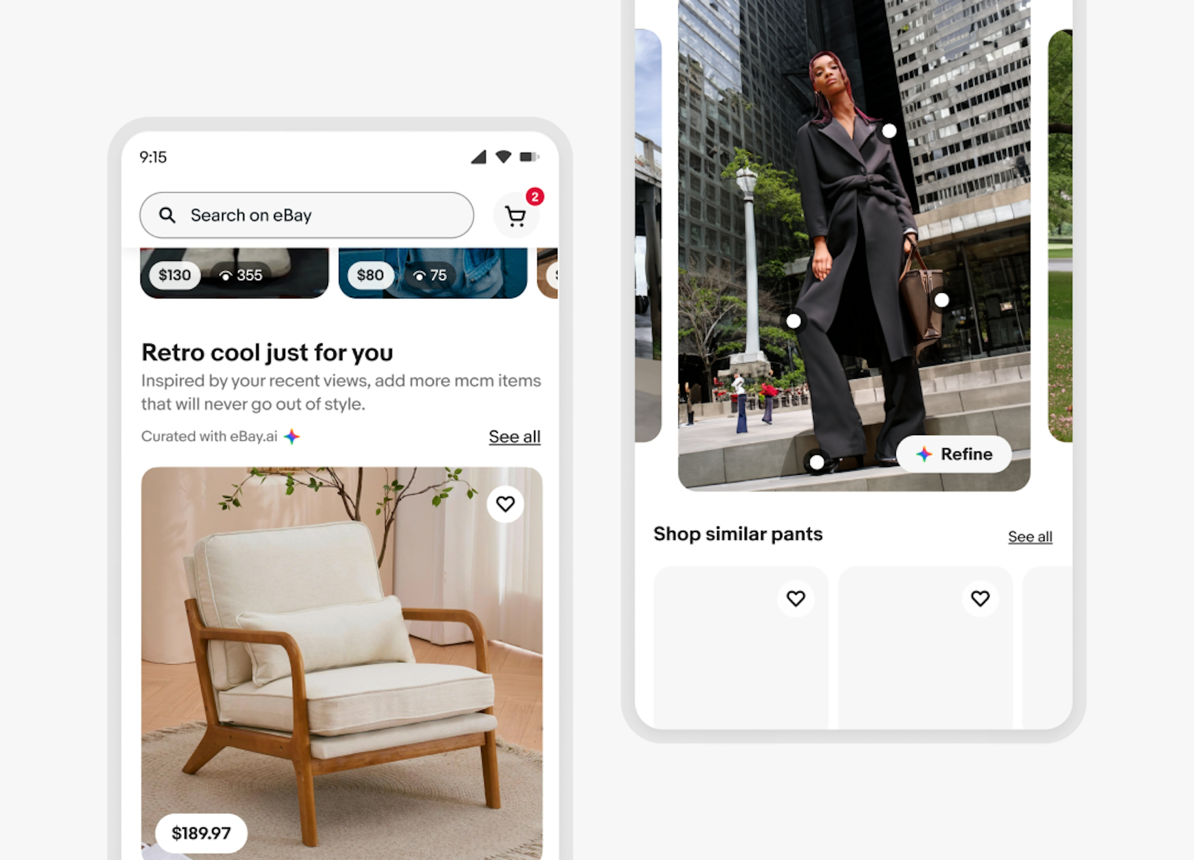 Two examples using the filled full spectrum AI icon. The first is a label under a section header on homepage that says, “Curated with eBay.ai”. The second shows the icon inside a button that says, “Refine” sitting on top of a generated image.
