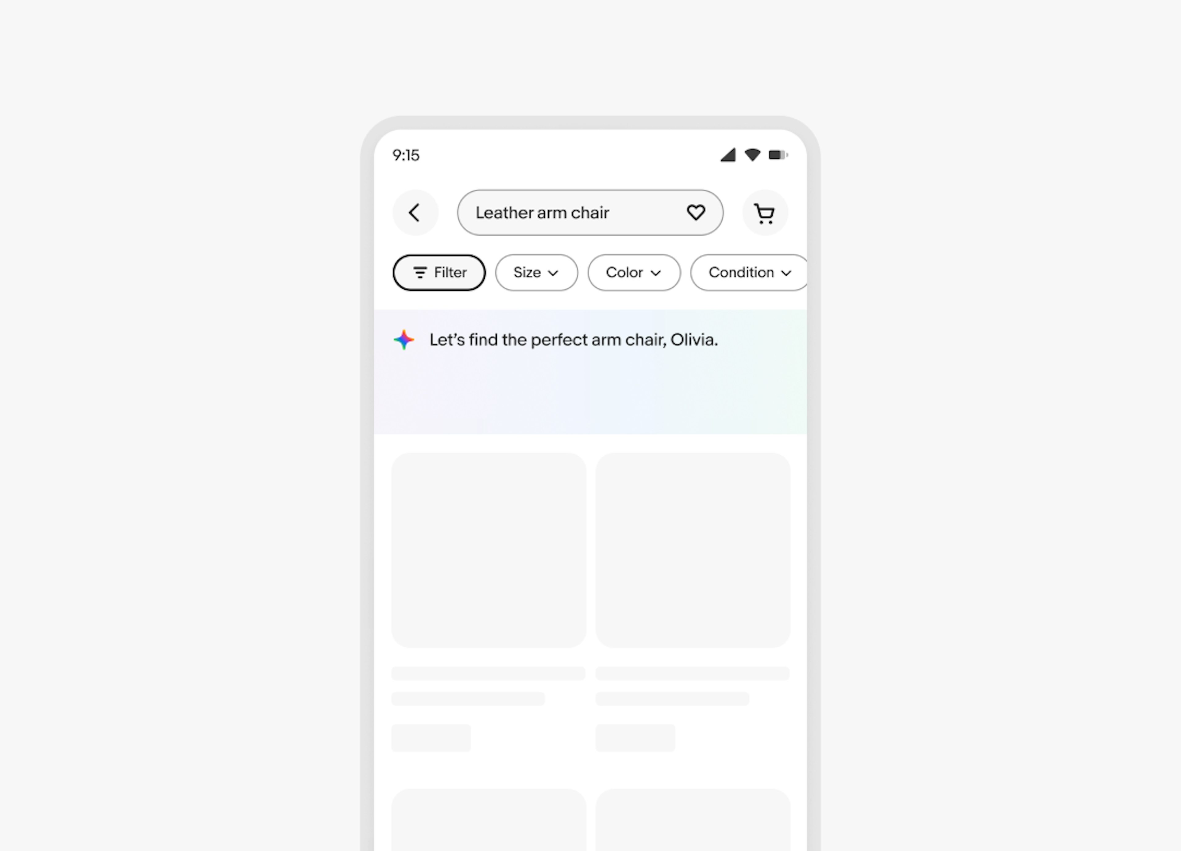 A mobile example showing a subtle gradient being used as a loading state for an assistant module.