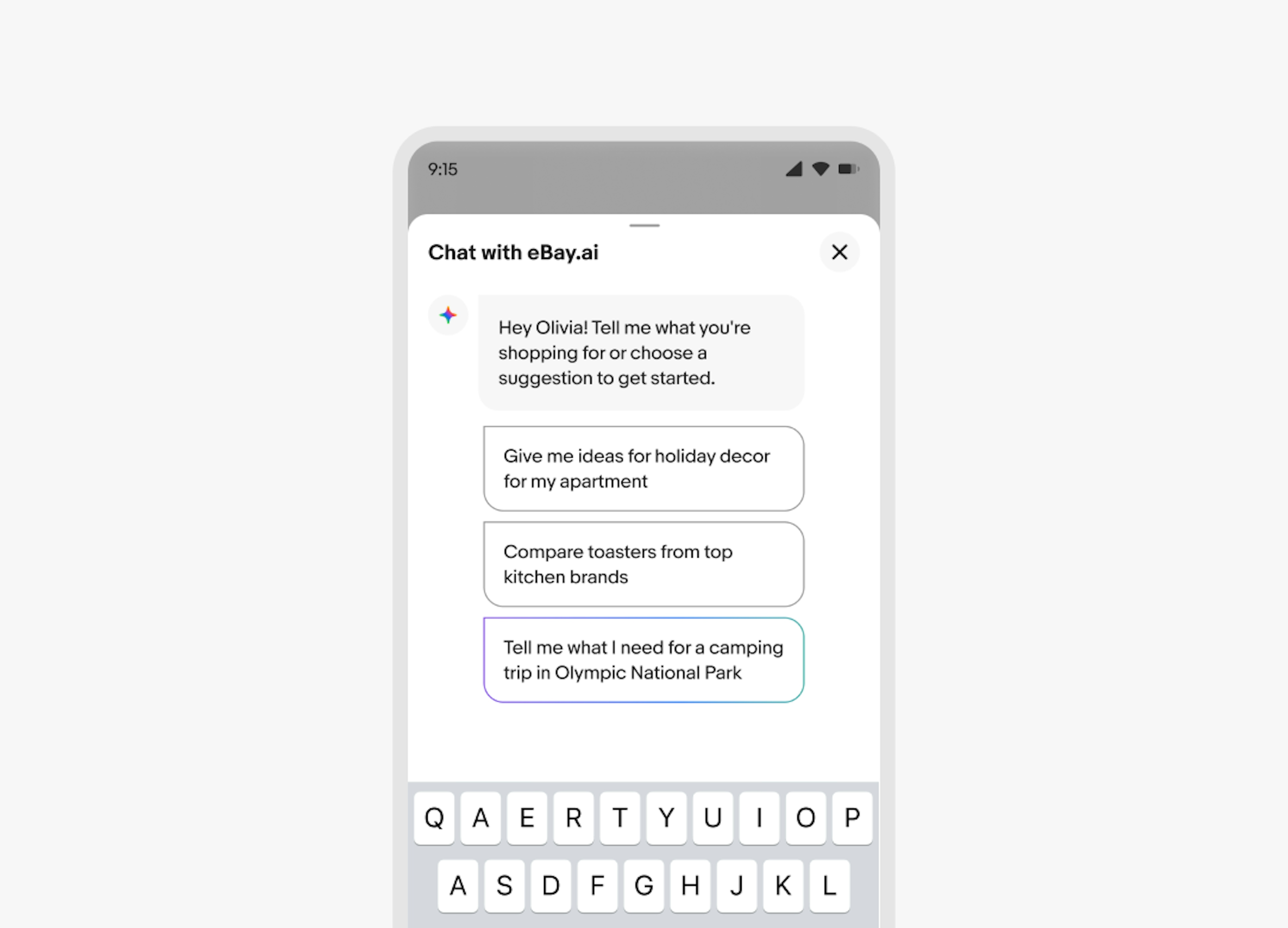 A mobile example showing 3 prompts loading inside a chat window with the header, “Chat with eBay.ai”. The first two prompts are outlined in gray and the last one us outlined using a strong gradient.