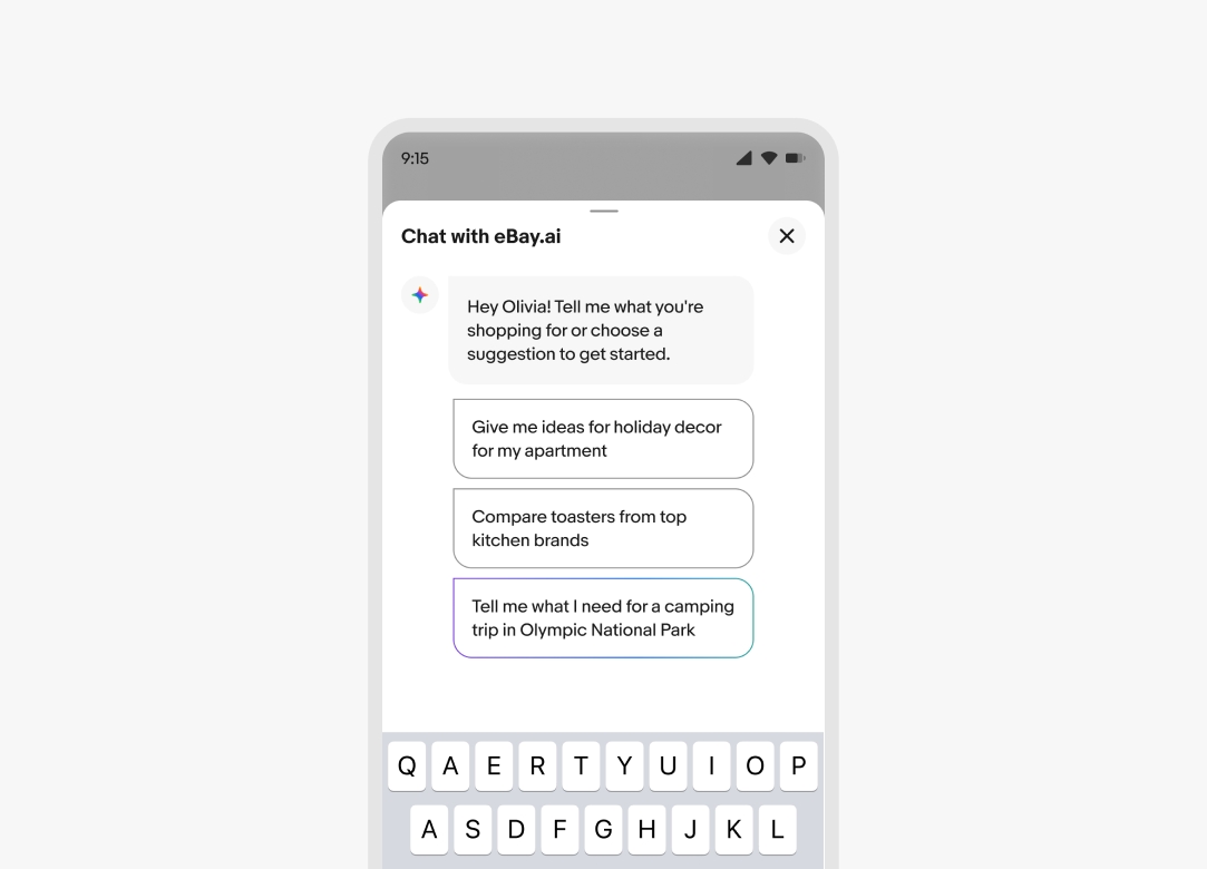 A mobile example showing 3 prompts loading inside a chat window with the header, “Chat with eBay.ai”. The first two prompts are outlined in gray and the last one us outlined using a strong gradient.