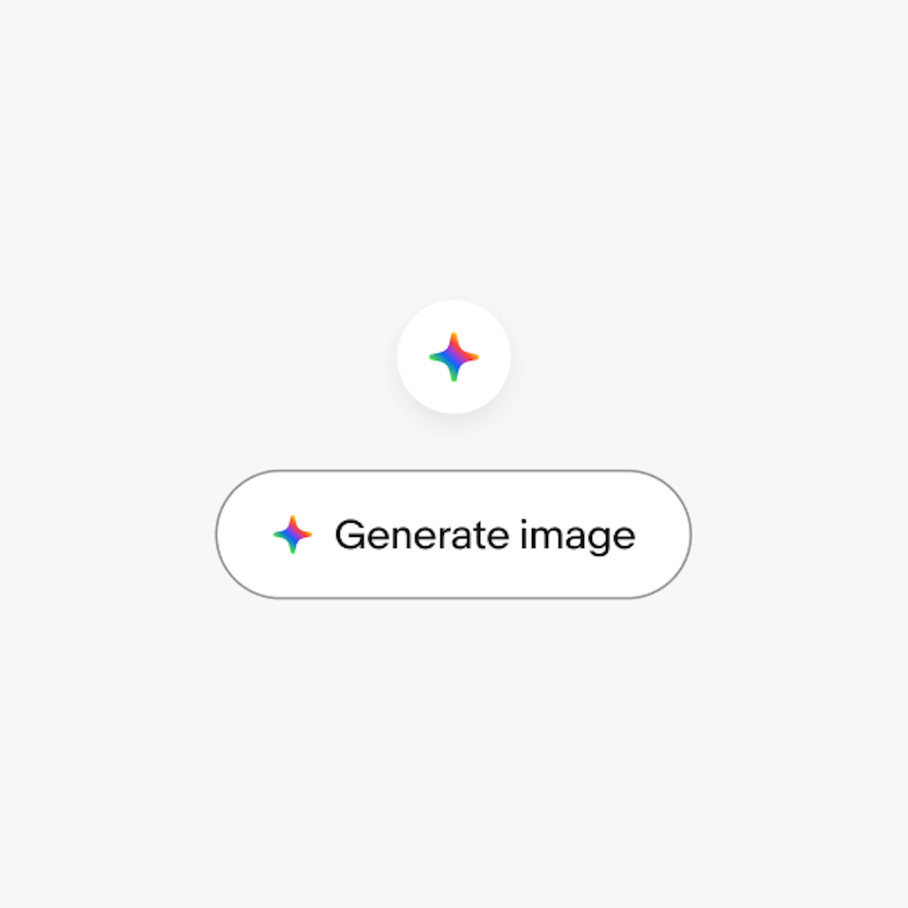 Two button examples with the AI icon inside them. The first button is a light gray circle with the full color icon centered inside it. The second is a fully rounded light gray button with dark gray stroke. The AI icon sits in front of the text string, “generate image”.