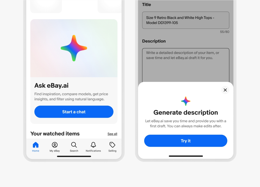 Two examples of education modules. One is an education card with gray background, blue button, and an image at the top with large full spectrum AI icon and a subtle gradient background behind it. The second is a bottom sheet with full spectrum AI icon centered above a headline, subtitle, and button.