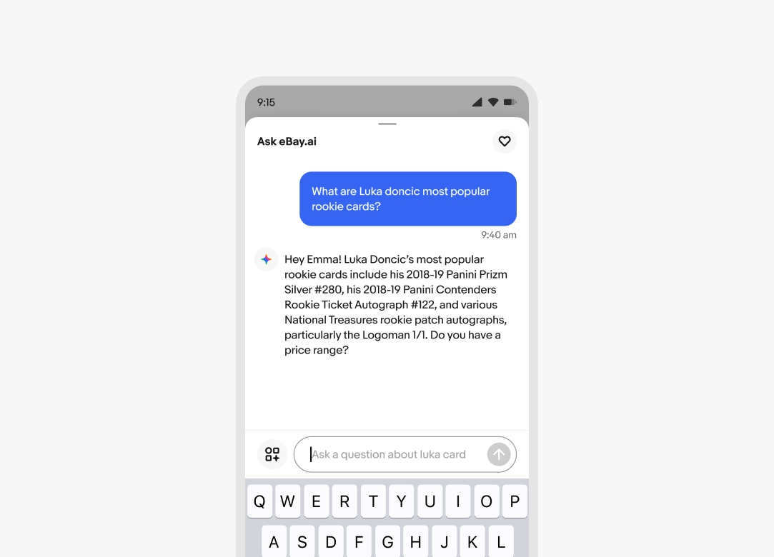 Example of eBay.ai responding to a message in a chat window that says, “What are Luka doncic’s most popular rookie cards?”. eBay.ai’s response streams in line by line.