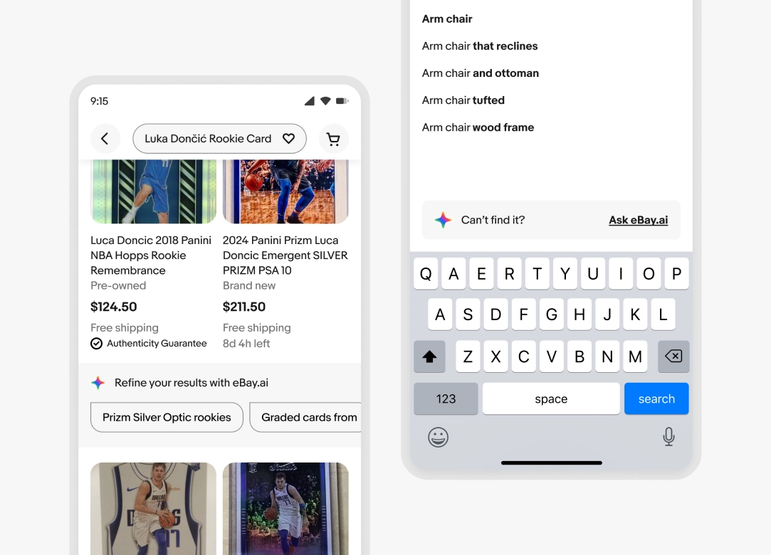 Two examples of assistant modules. One is in the middle of the search results page under the search bar that says, Refine your results with eBay.ai” with full spectrum AI icon in front of it and prompts below. The second is at the bottom of the search page just above the keyboard that says, “Can’t find it?” with link to “Ask eBay.ai”