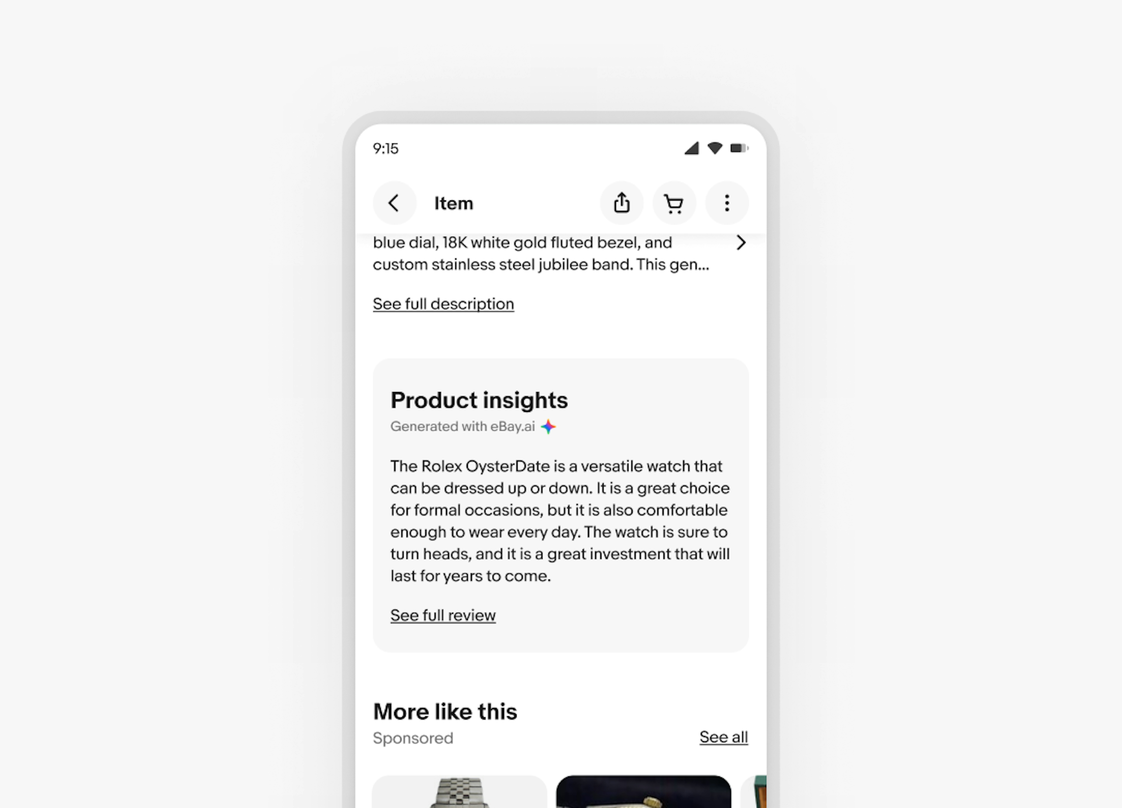 An in-page module that has the title “product insights” on view item page with generated text filling in line by line. Label and icon under the title that says, “Generated with eBay.ai”