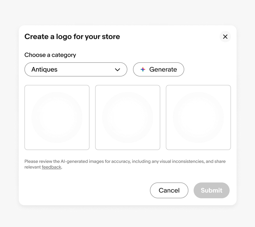 “Do” example of a case where only 1 AI icon badge is required. The subtitle of a bottom sheet says, “generated with eBay.ai” followed by the full spectrum AI icon. There is a paragraph of text with 3 action buttons below. None of the buttons contain an icon because the subtitle above is sufficient.
