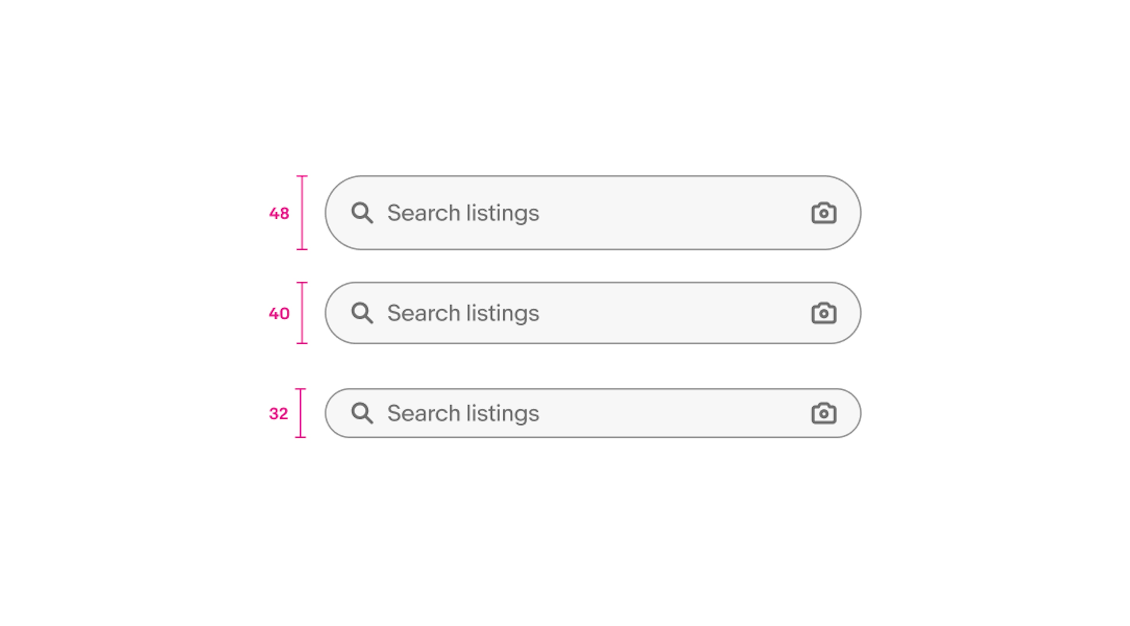 Three search bars at 48px, 40px, and 32px height with same content.