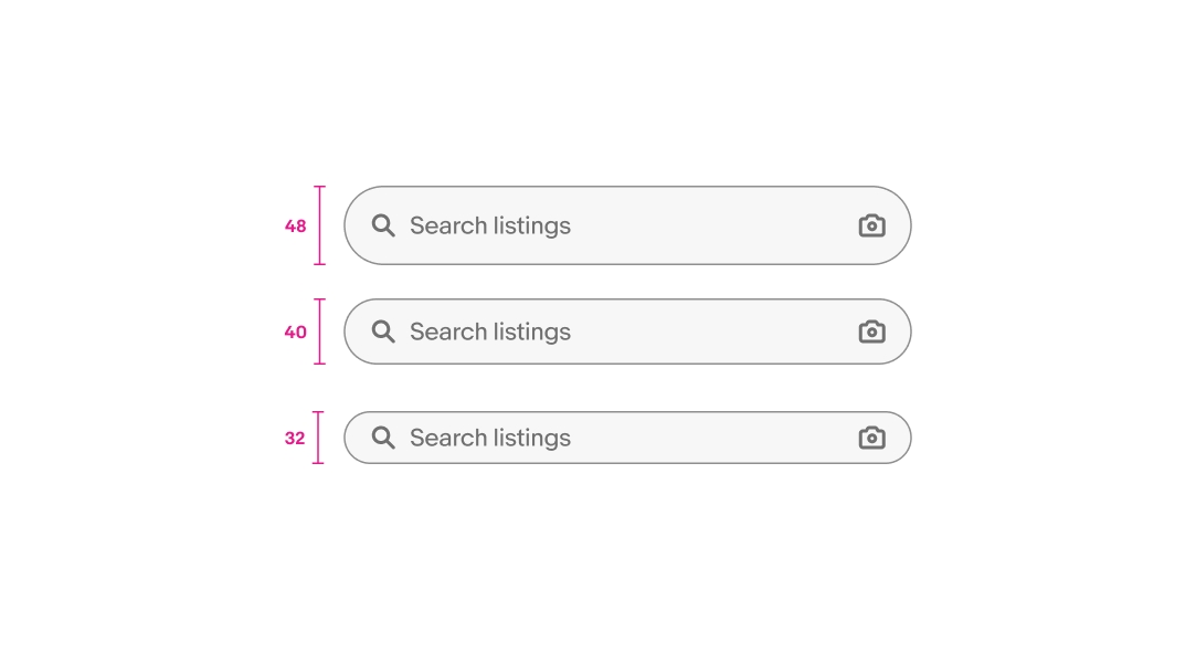 Three search bars at 48px, 40px, and 32px height with same content.