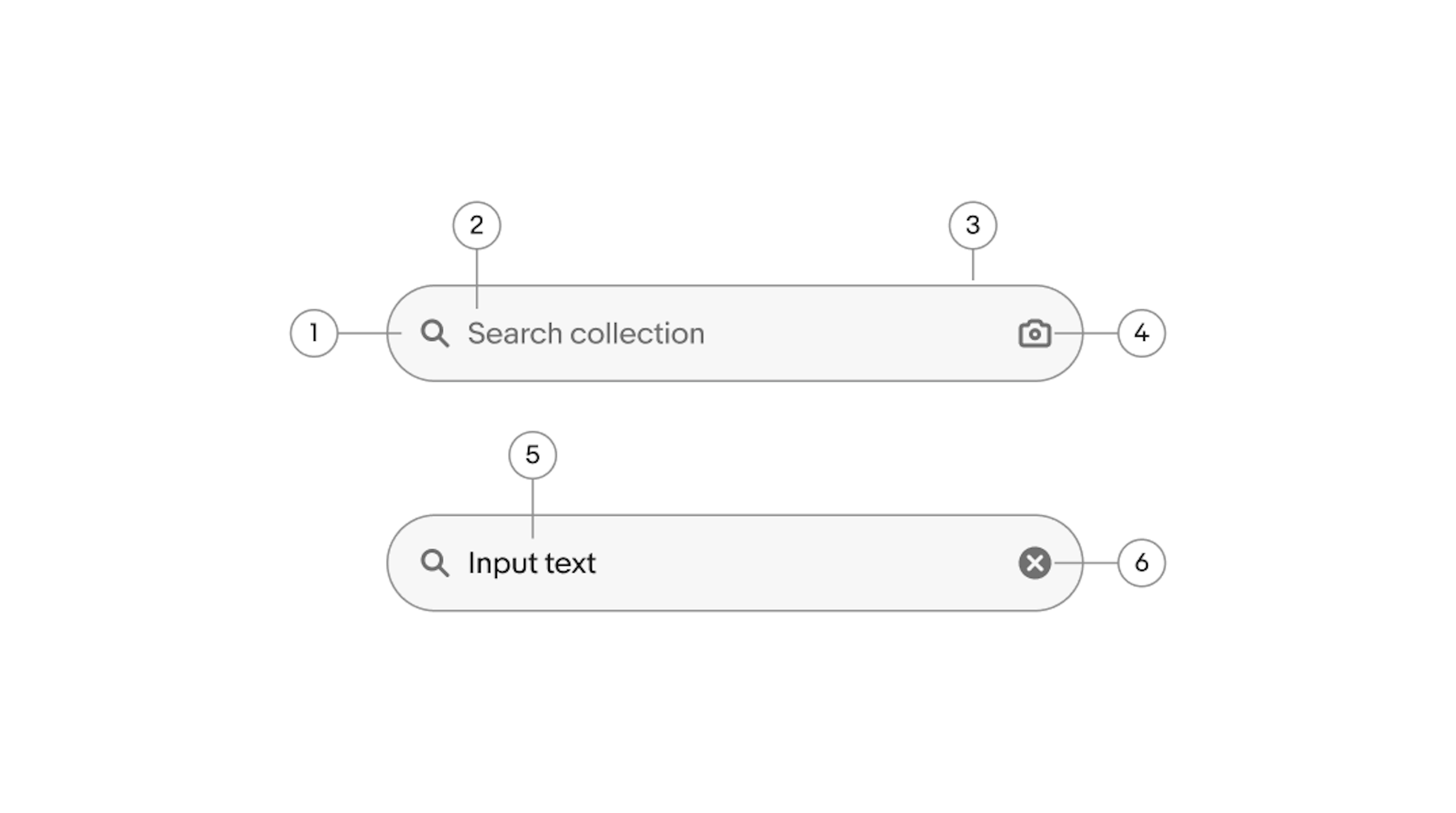 Two search fields showing icons, placeholder text, and layout variants.