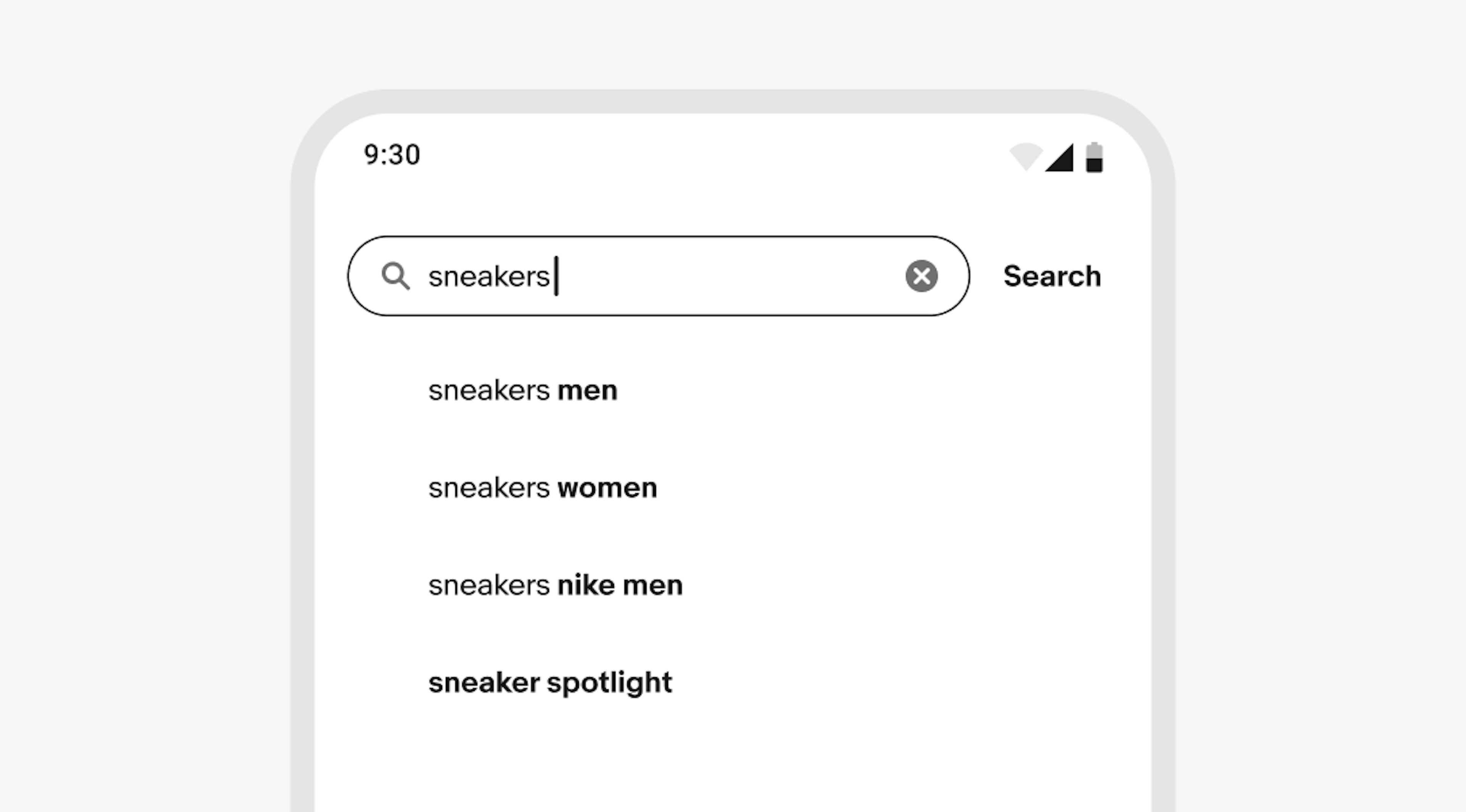 Search bar with suggestions for “sneakers” and matching bold keywords.