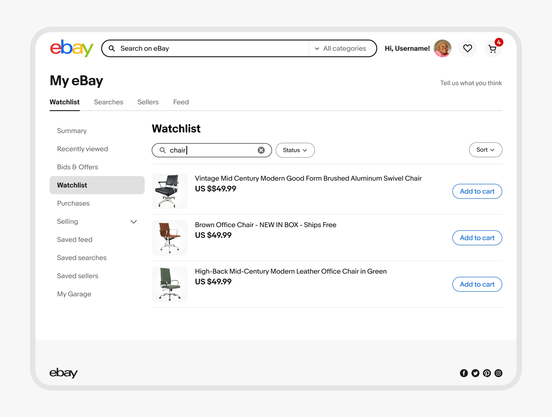 Desktop Watchlist view with inline search for "chair" results.
