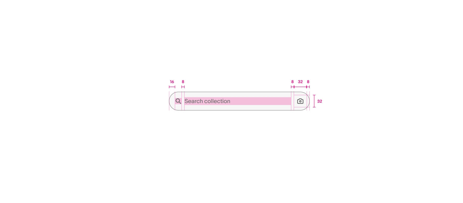 Search bar annotated with padding and spacing for icons and content.