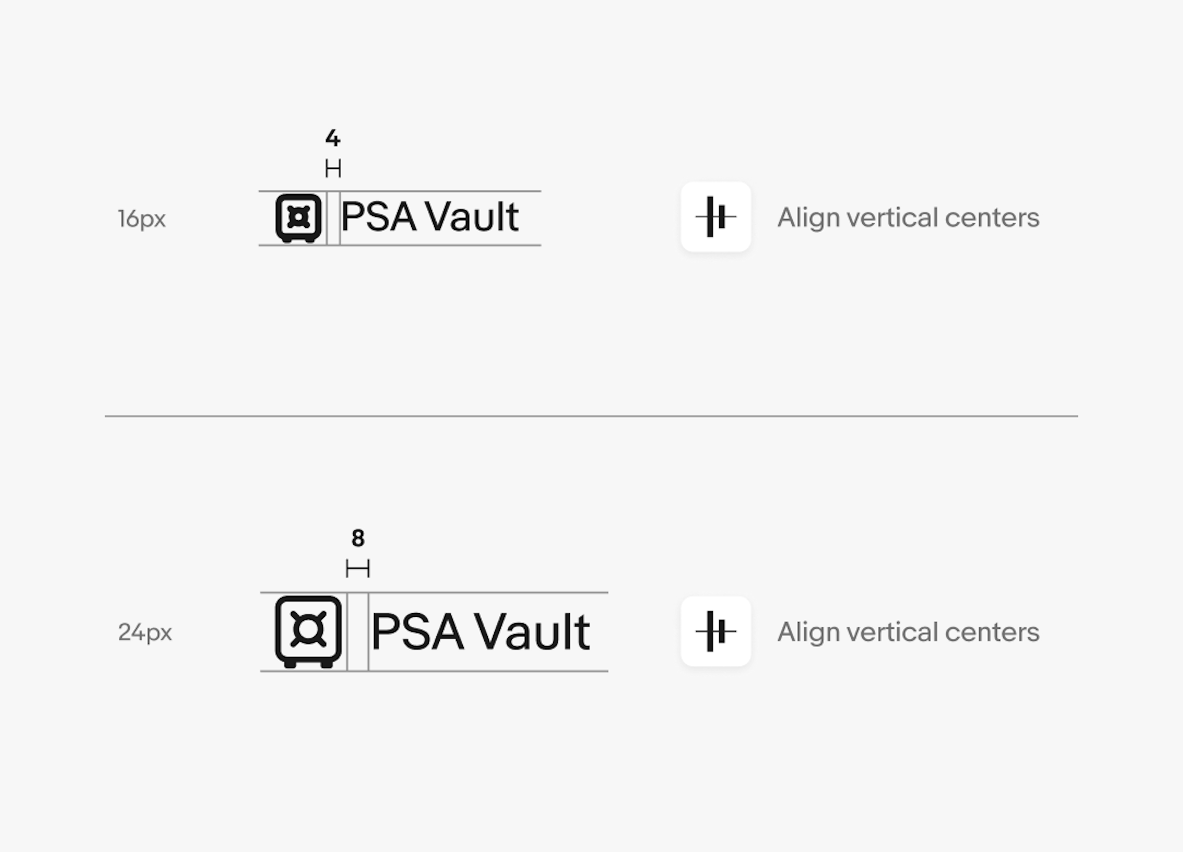 A detailed spec highlighting how much space goes between icons and text. The top example is a 16px icon with 6px of space between the icon and text with vertical centers aligned. The bottom example is a 24px icon with 8px of space between the icon and text with vertical centers aligned.