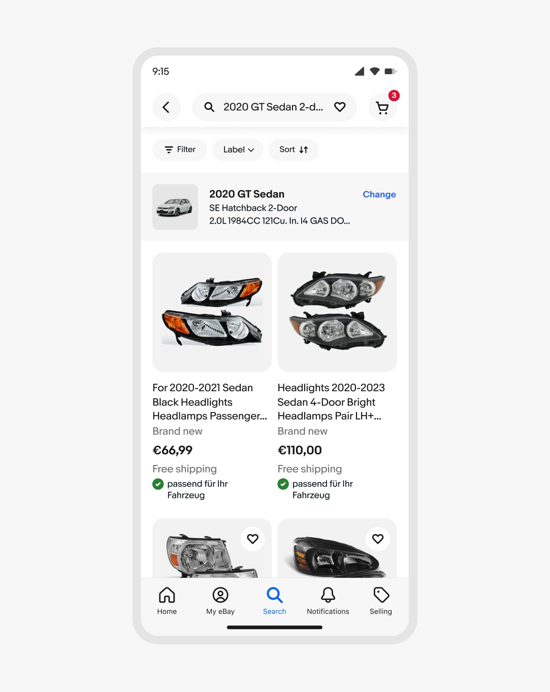 A phone screen with a search results page of car headlights. The item tiles have a confirmation indicator with wrapping text in German.