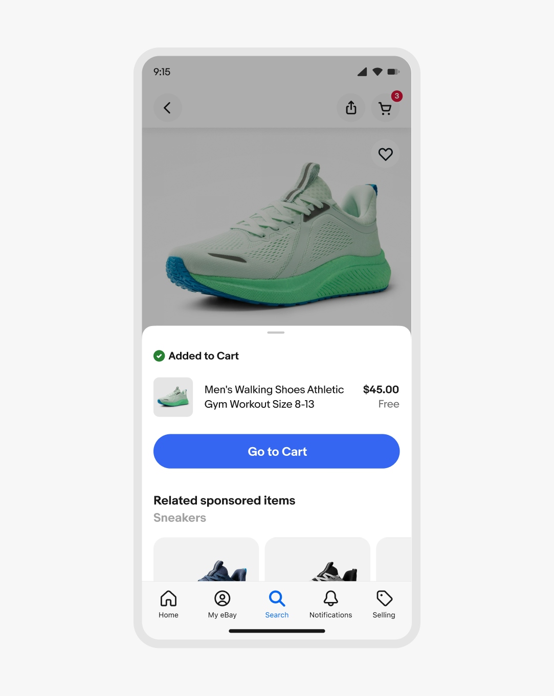 A bottom sheet design with a confirmation indicator at the top with the text “Added to Cart”.