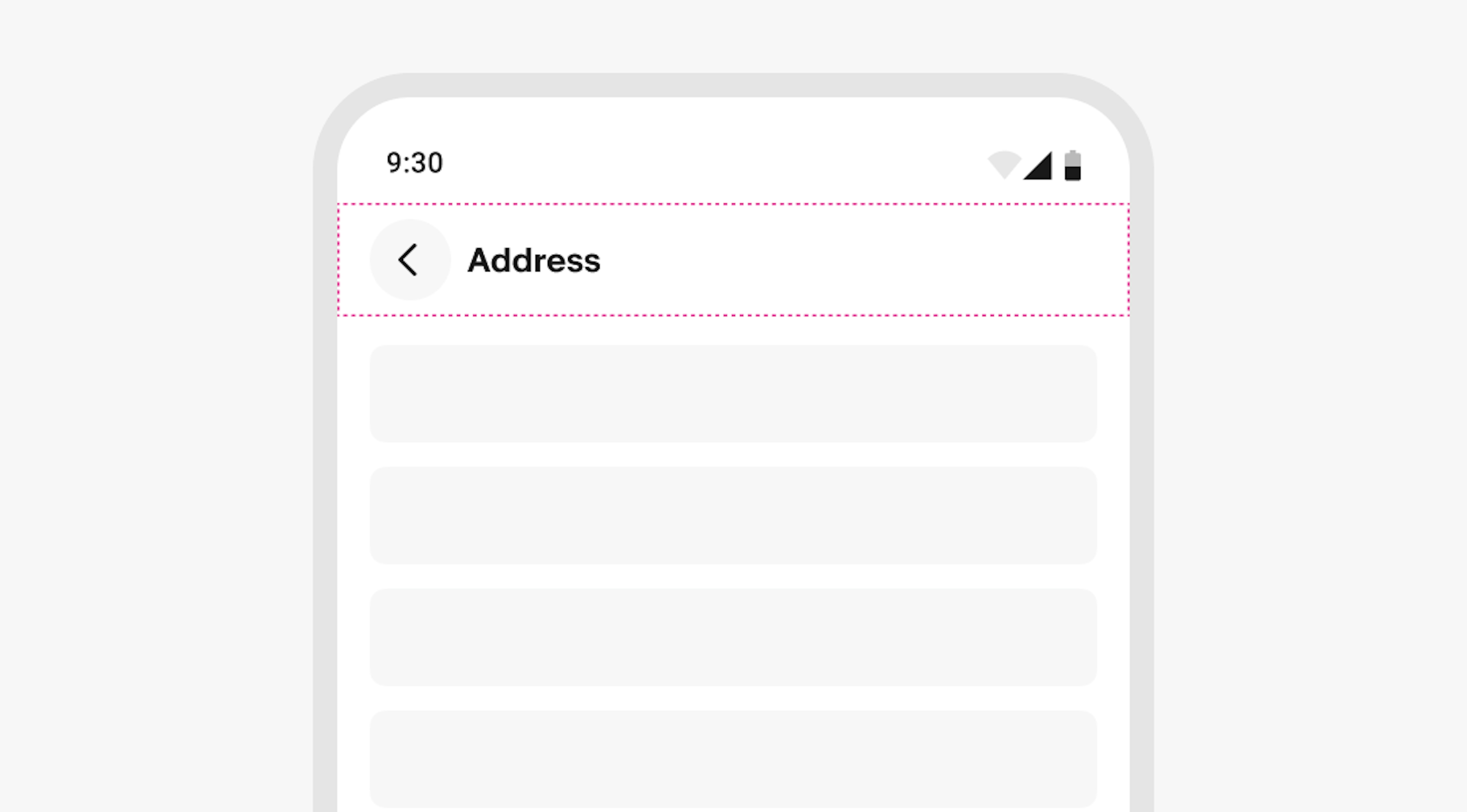 "A stylized mobile screen with a top navigation bar titled “address” with a dotted pink outline."