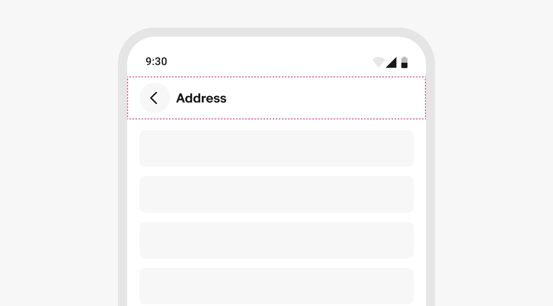 "A stylized mobile screen with a top navigation bar titled “address” with a dotted pink outline."