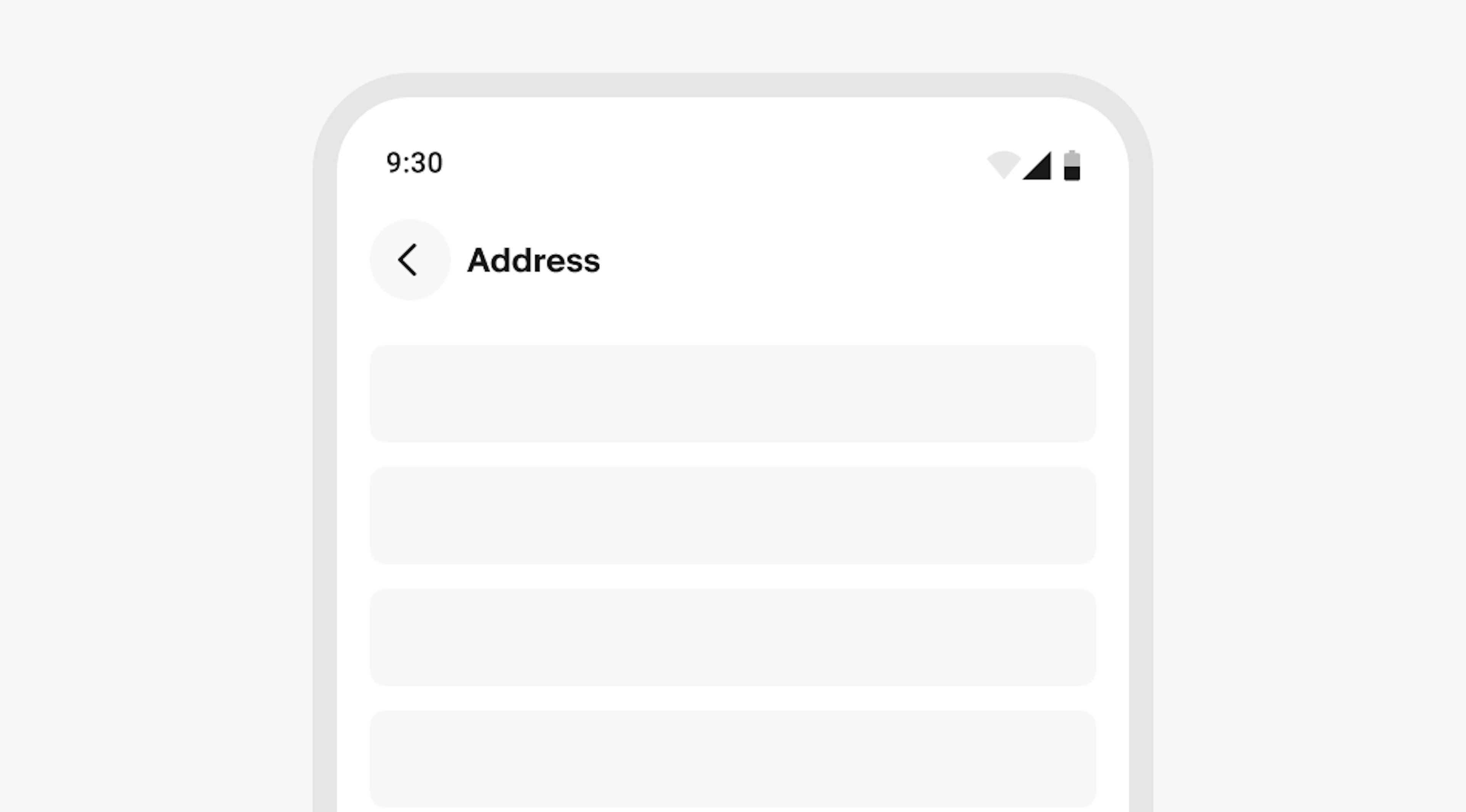 "A stylized mobile screen with a top navigation bar titled “address”."