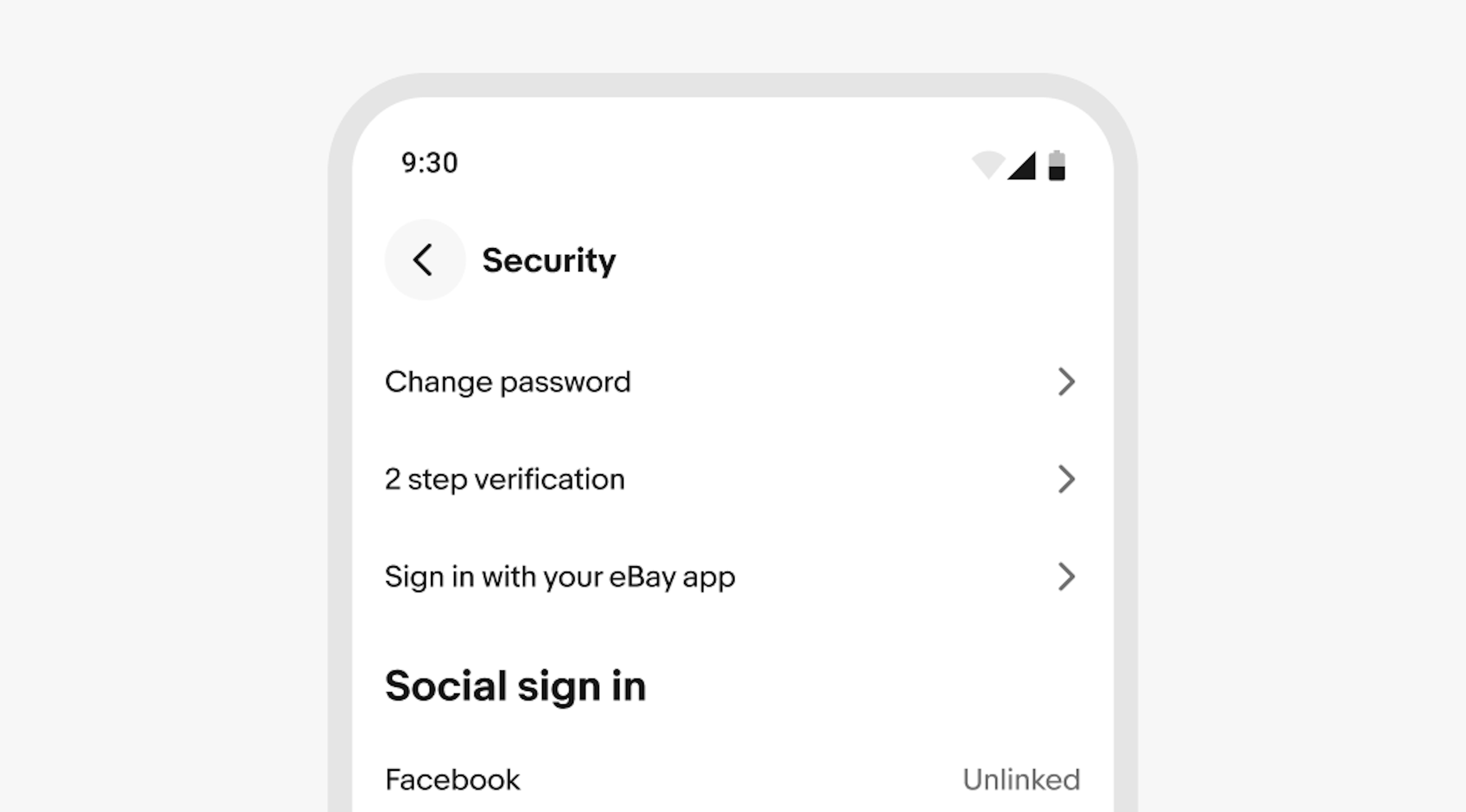 "A stylized mobile screen with a top navigation bar titled “Security” and security content."
