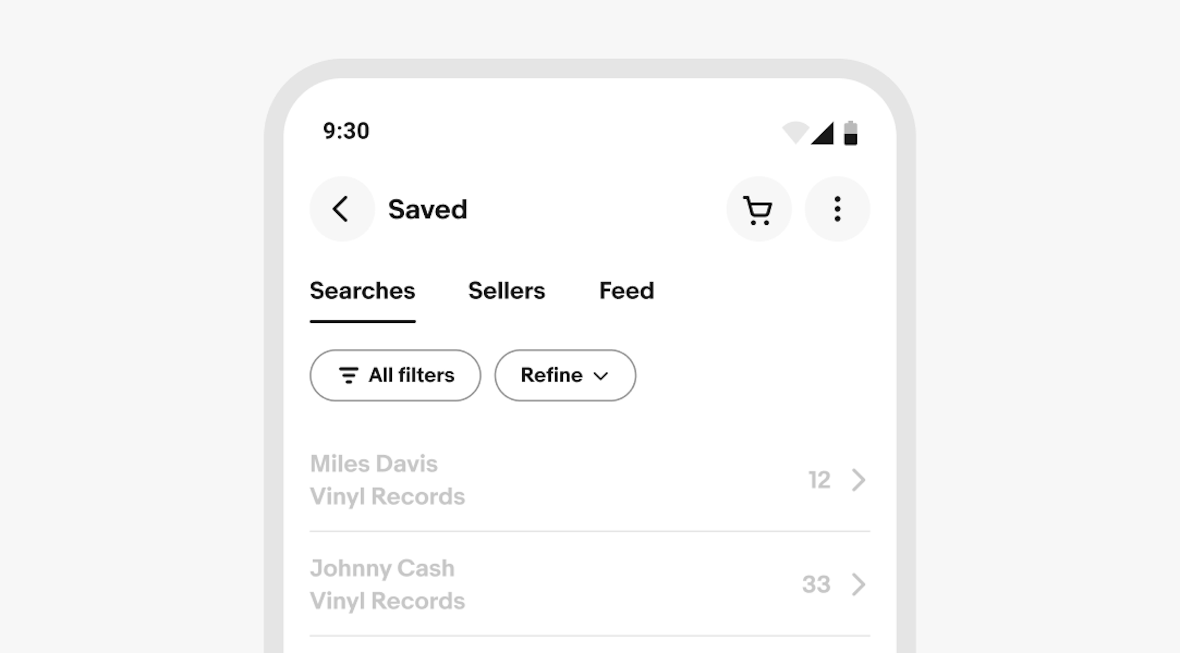 A stylized mobile screen with a top navigation bar titled “Saved” with tabs and page content.