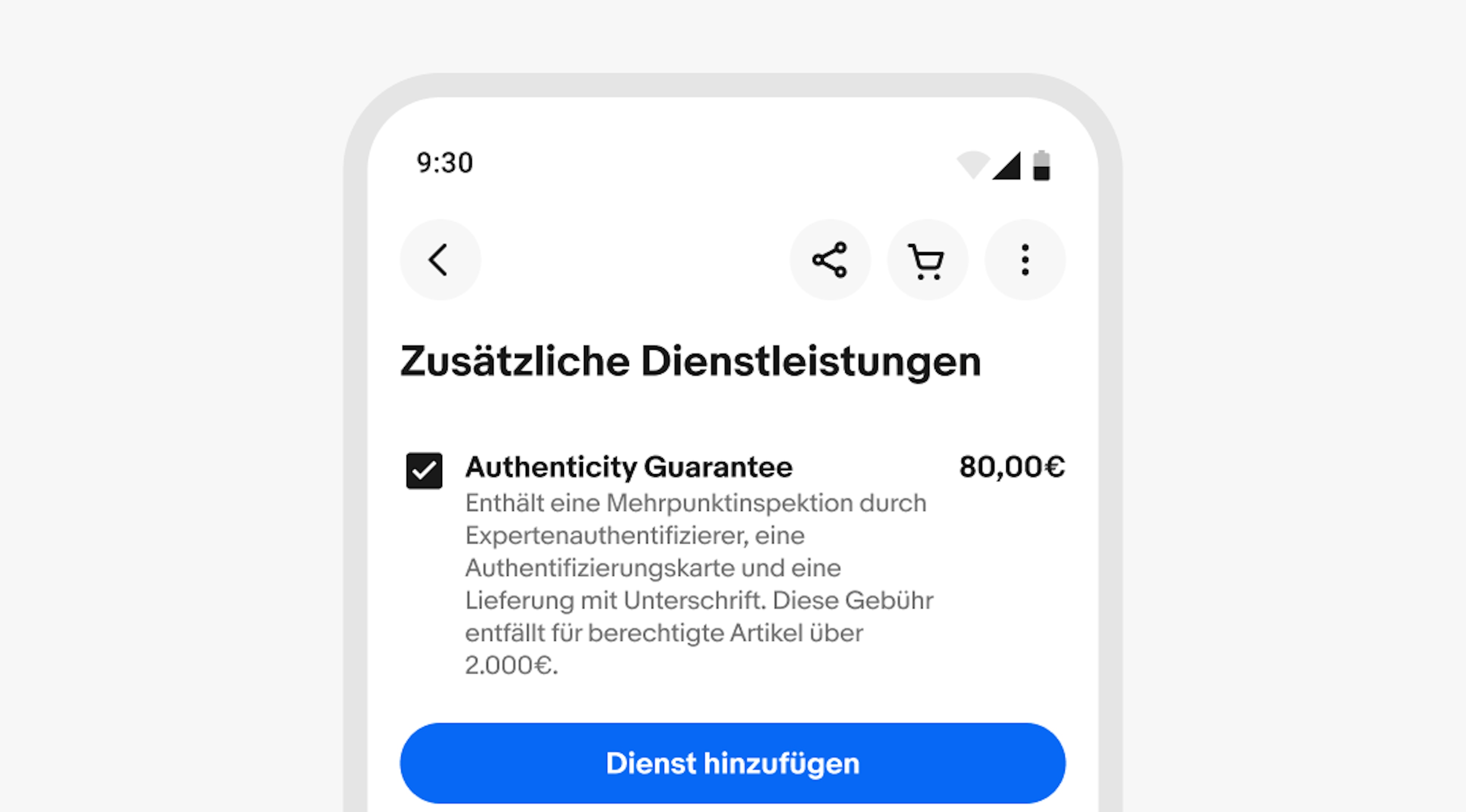 A stylized mobile screen with a top navigation bar with a long German title.