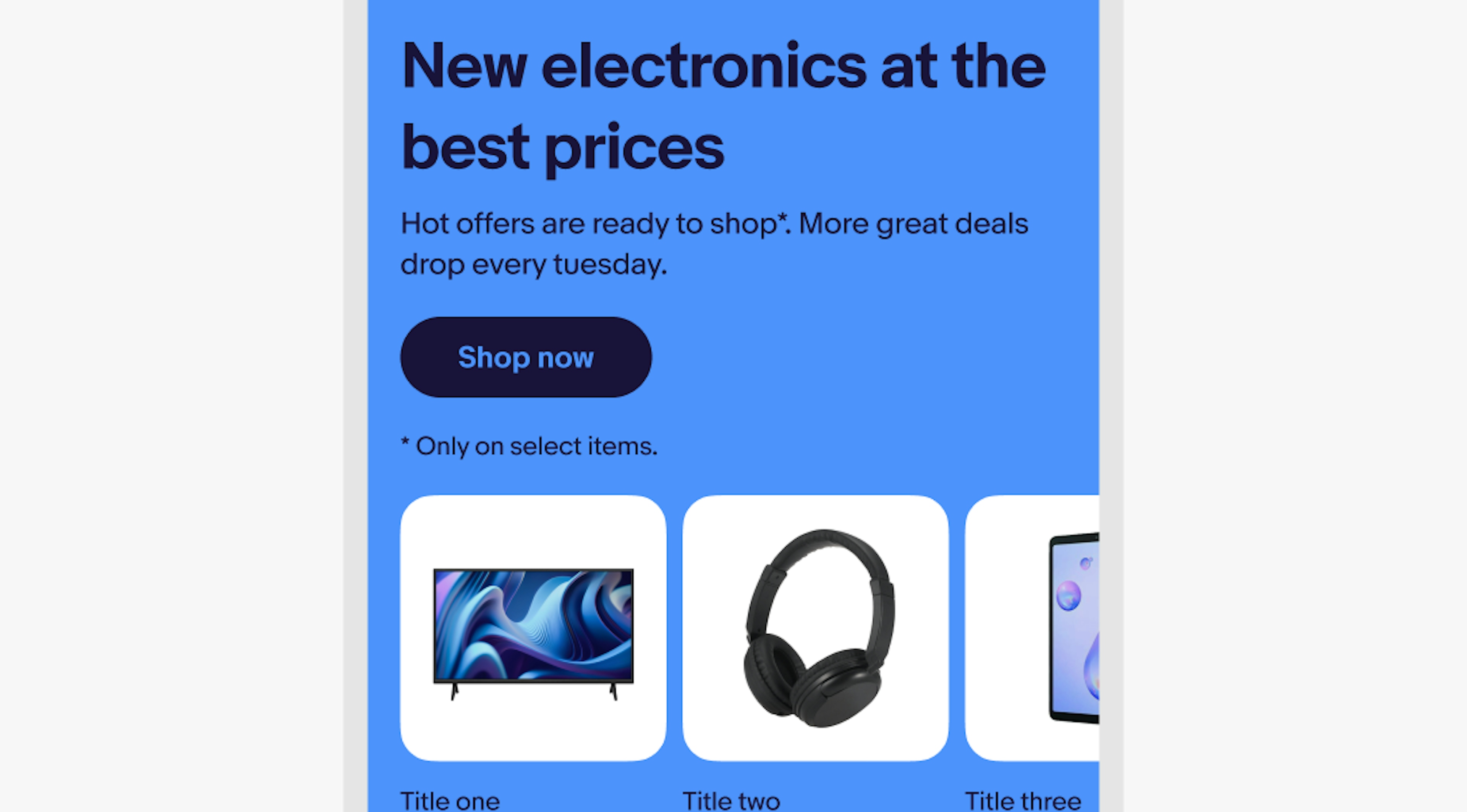 A stylized mobile screen with a top navigation bar titled “deals” with tabs and a marketing banner below.