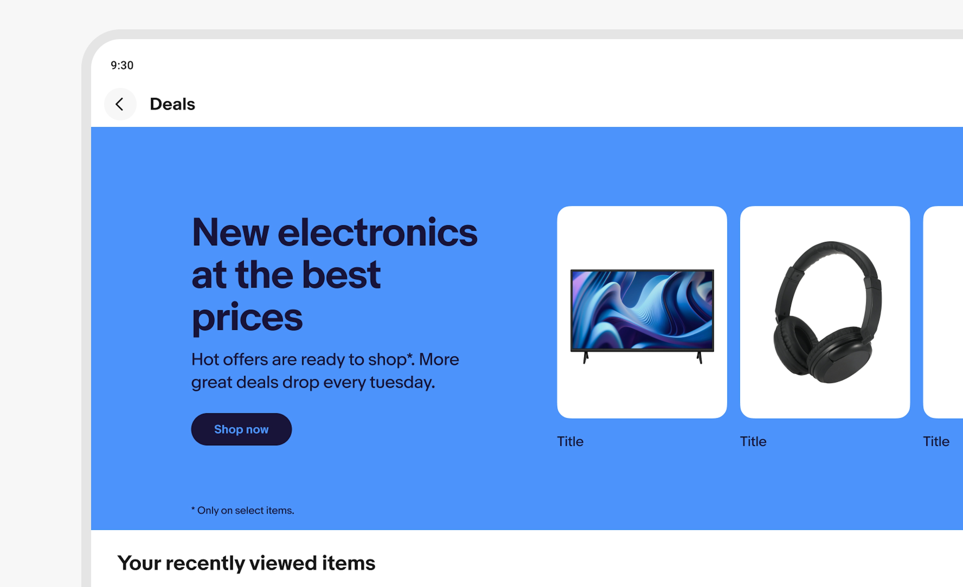 A stylized large screen with a top navigation bar titled “deals” with tabs and a marketing banner below.