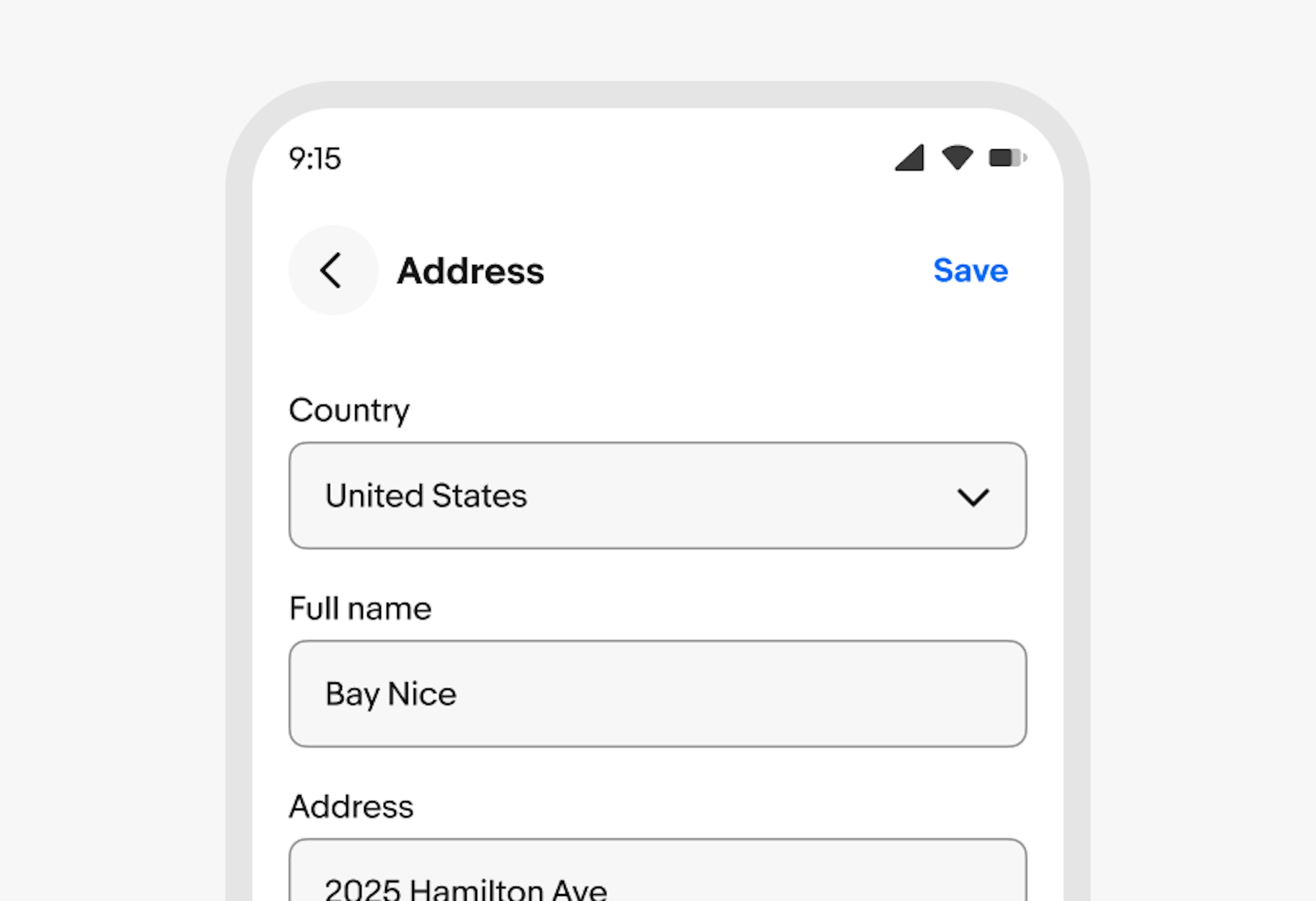 A stylized mobile screen with a top navigation bar titled “Address” including a “save” link button and page content below.