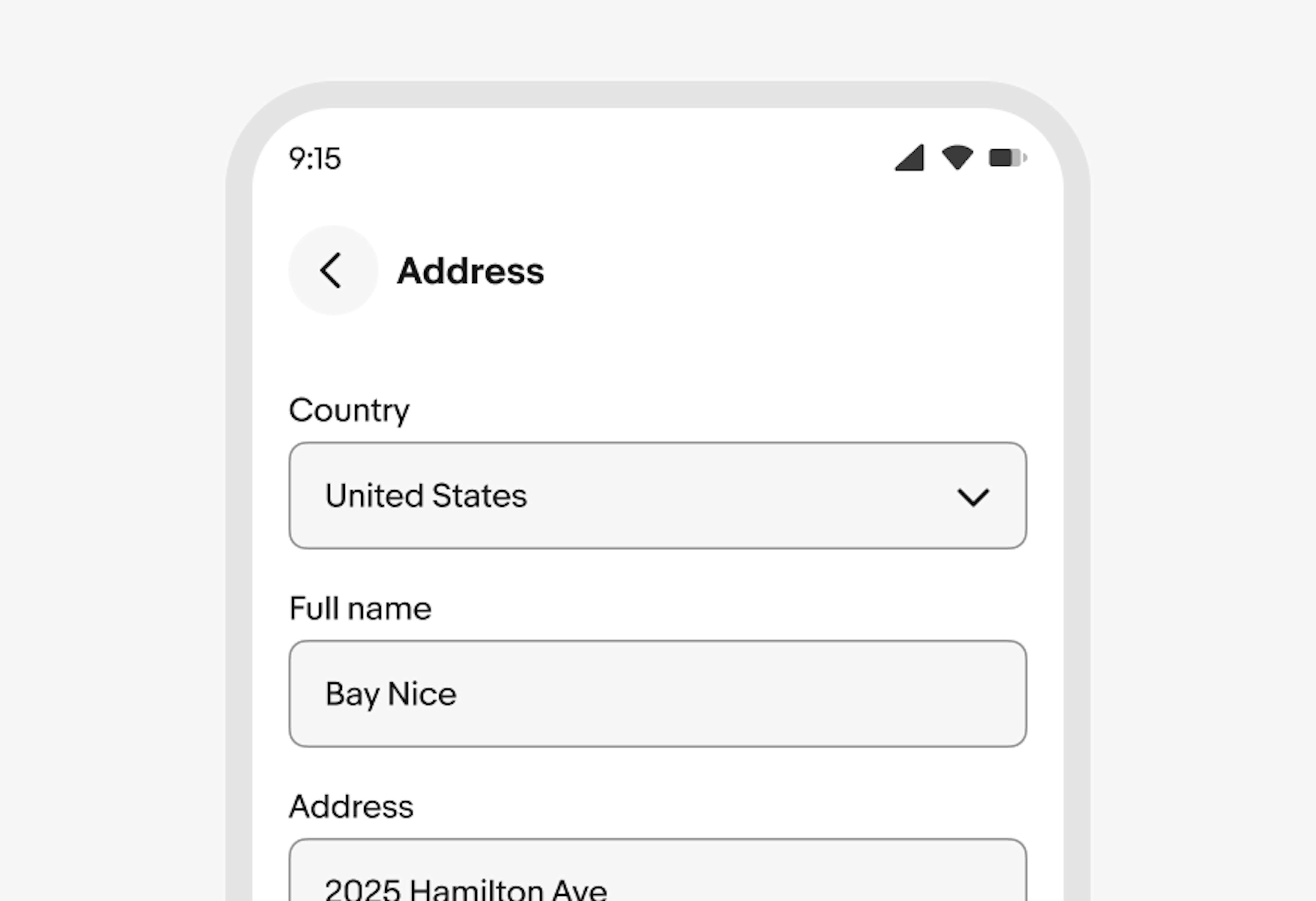 A stylized mobile screen with a top navigation bar titled “Address” with page content below.