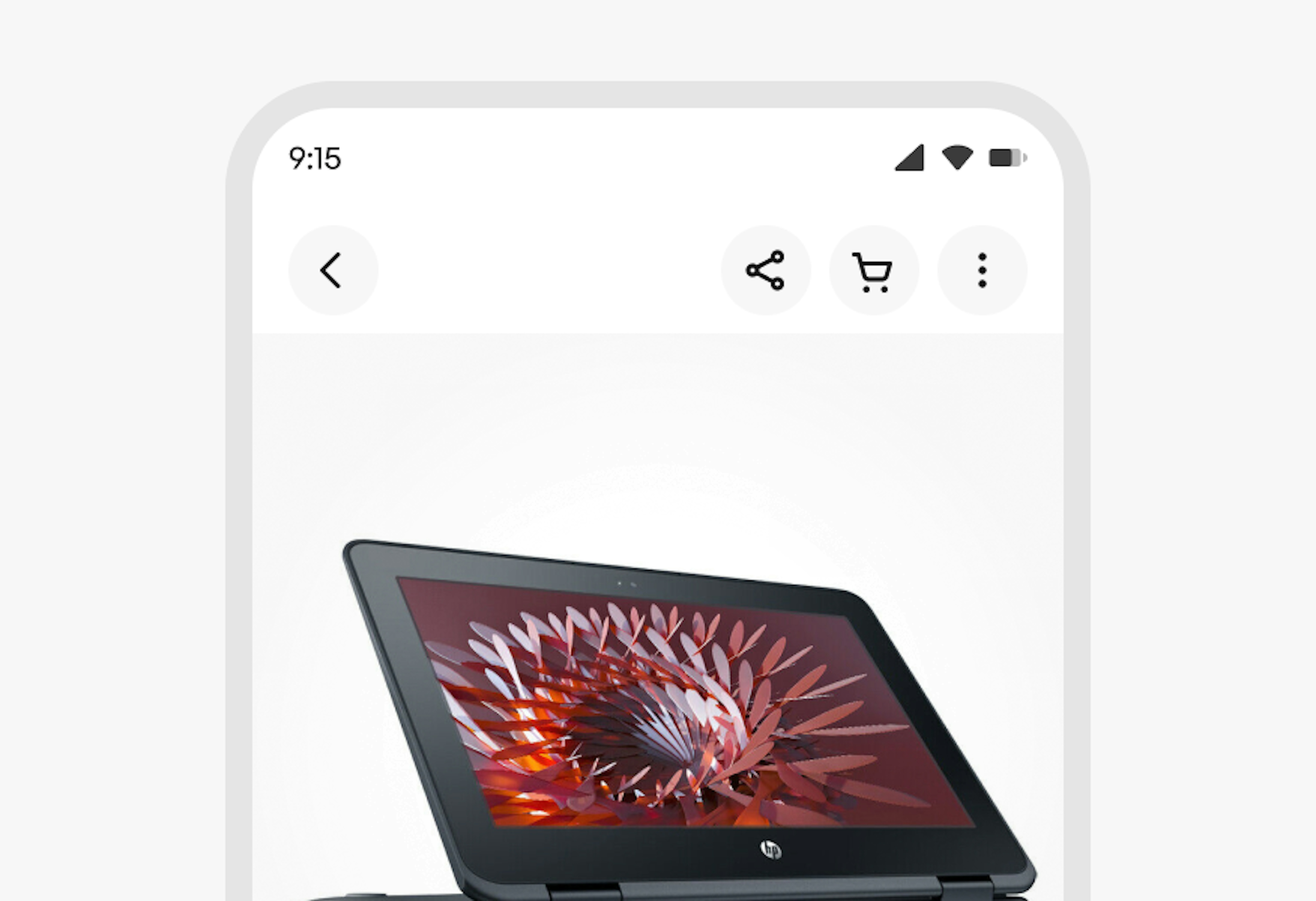 A stylized mobile screen with a top navigation bar including three icon buttons 