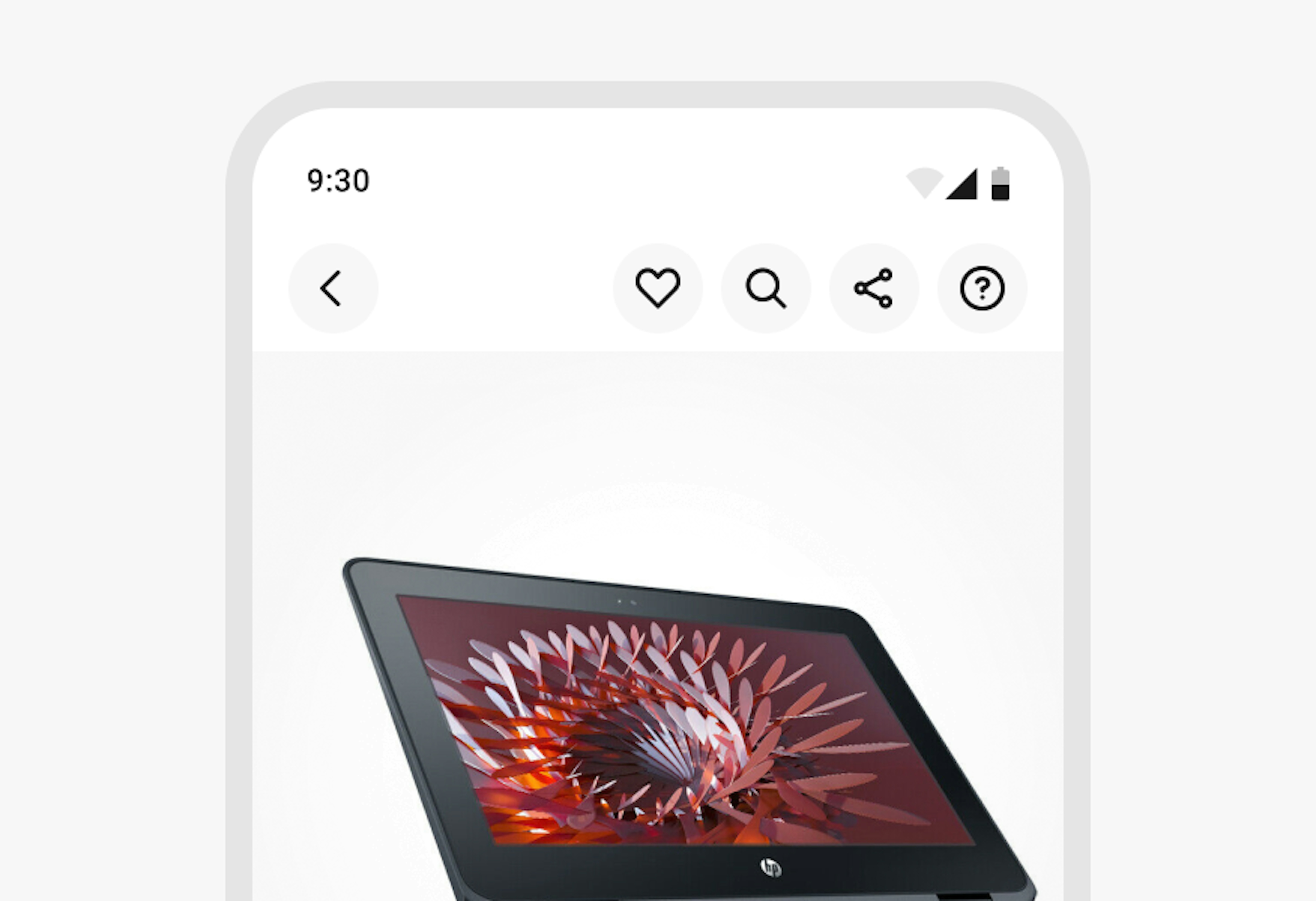 A stylized mobile screen with a top navigation bar including four icon buttons 