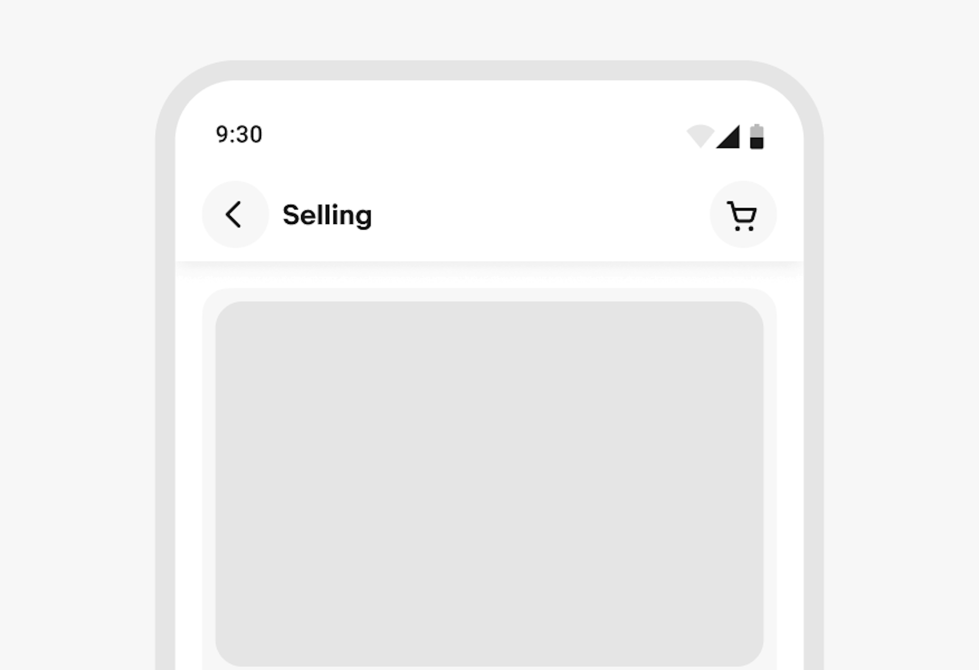A stylized mobile screen with a top navigation bar titled “Selling”.