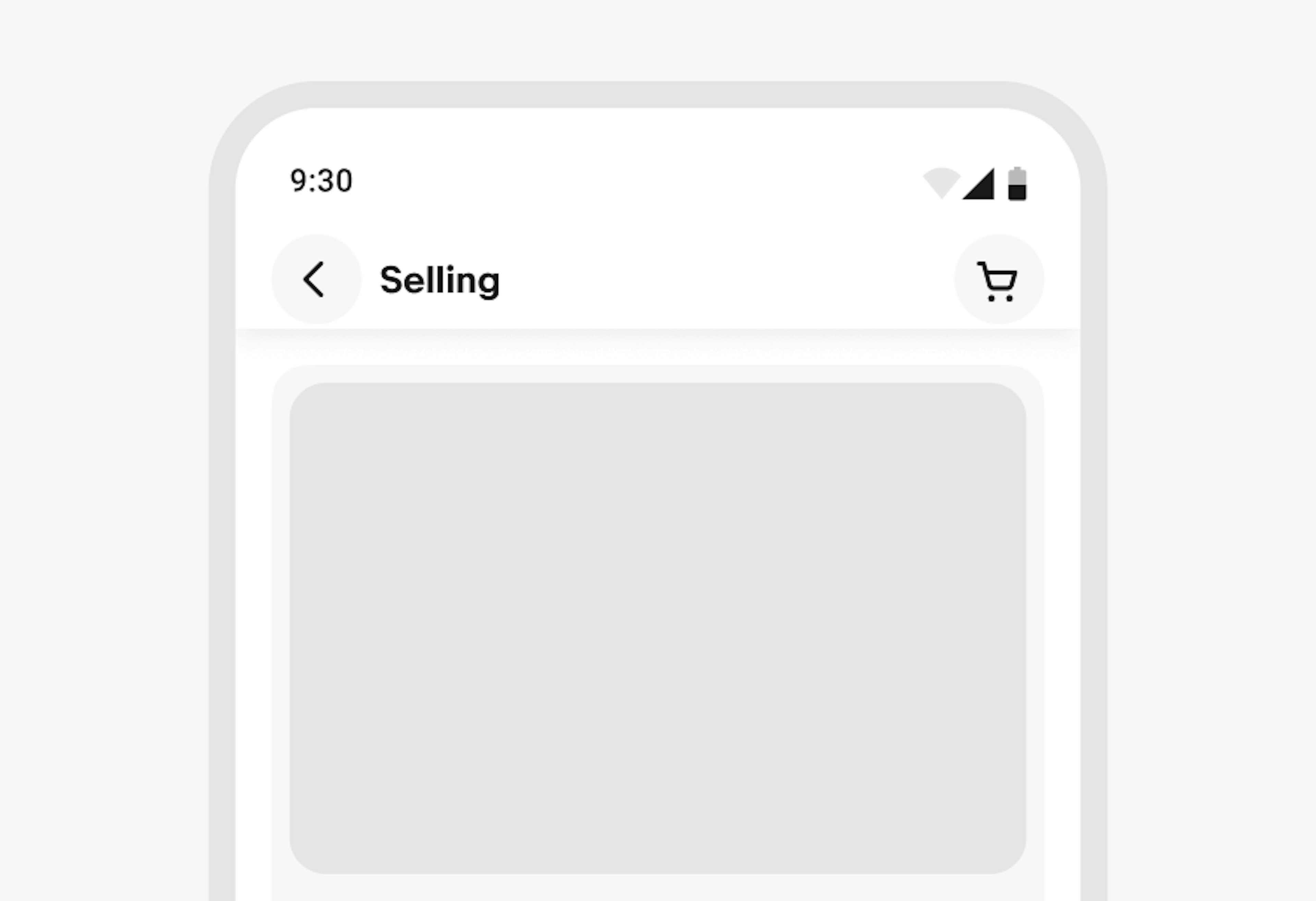 A stylized mobile screen with a top navigation bar titled “Selling” with decreased padding.