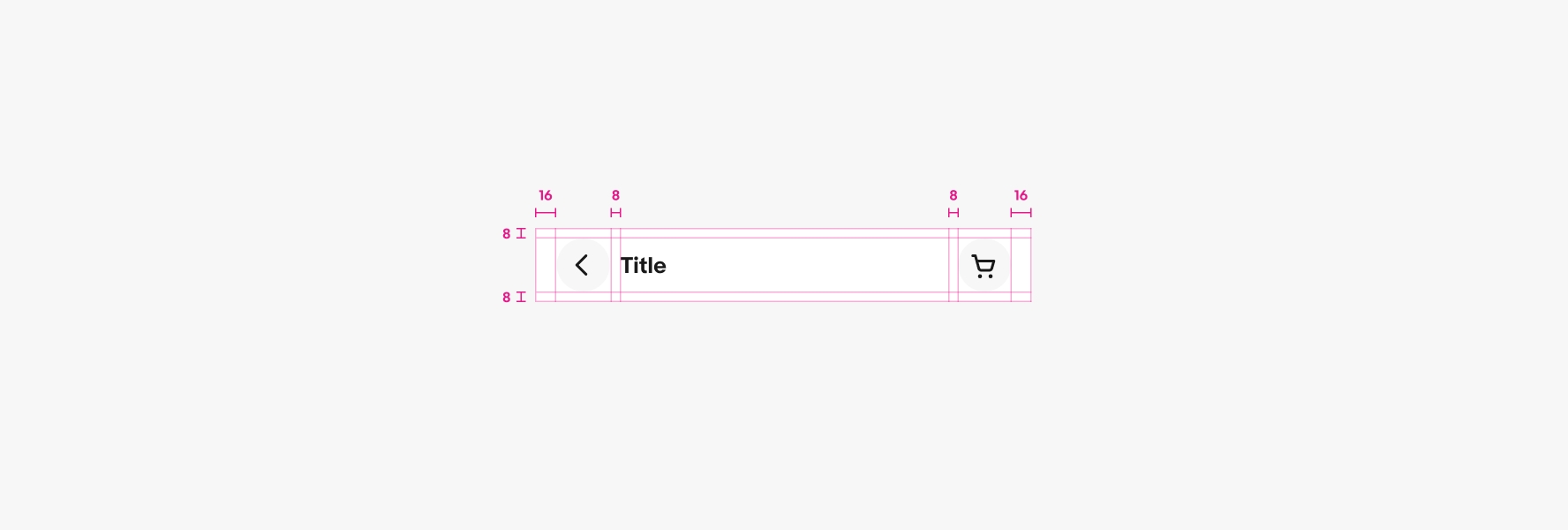 Spec for a top navigation bar. The padding on the left and right is 16px, top and bottom is 8px, in-between elements is 8px.