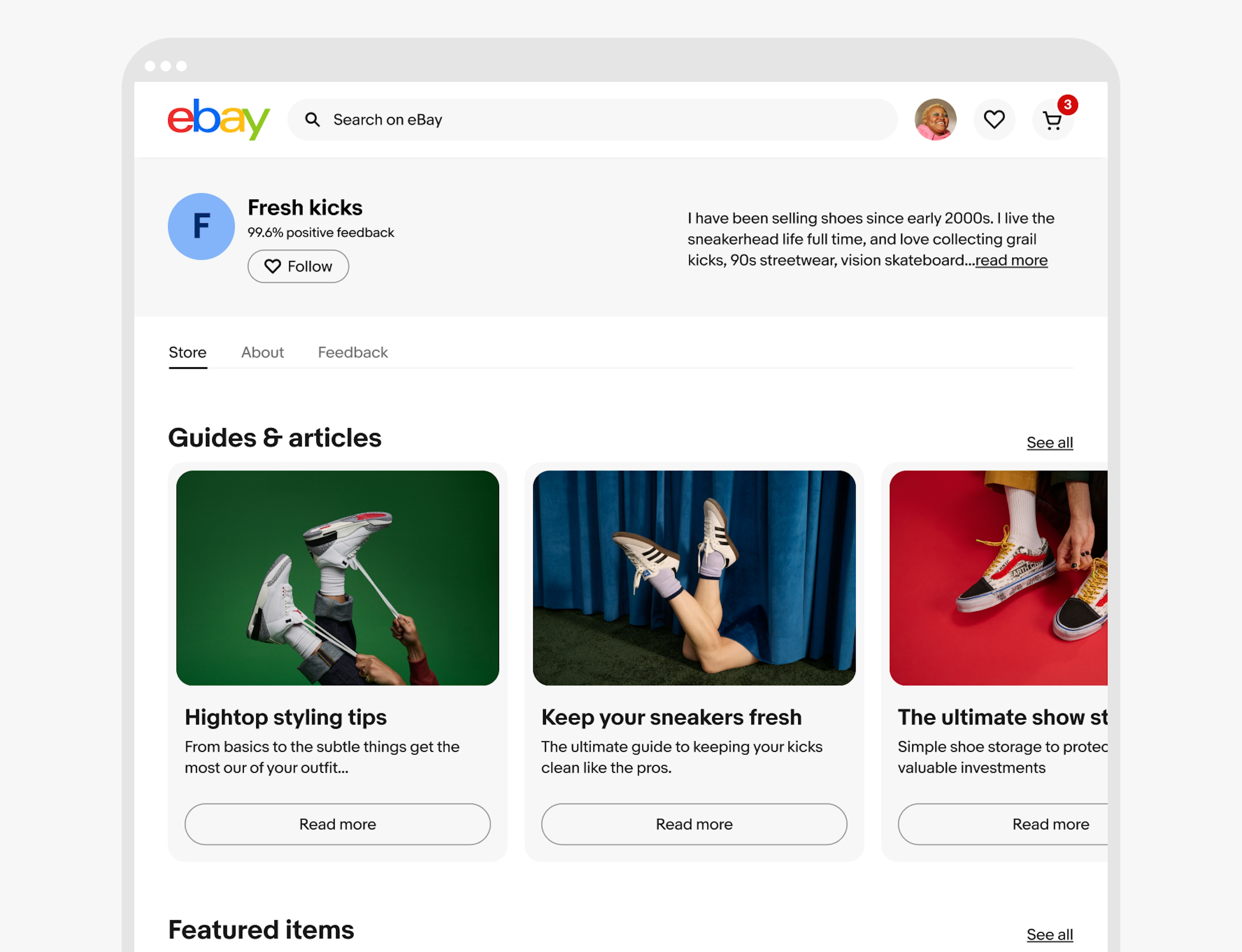 A small desktop screen of an eBay storefront labeled “Fresh kicks”, body copy,  tabs labeled “Store”, “About”, and “Feedback”, a section labeled “Guides & articles”, and two cards with one view cut off in a carousel. 