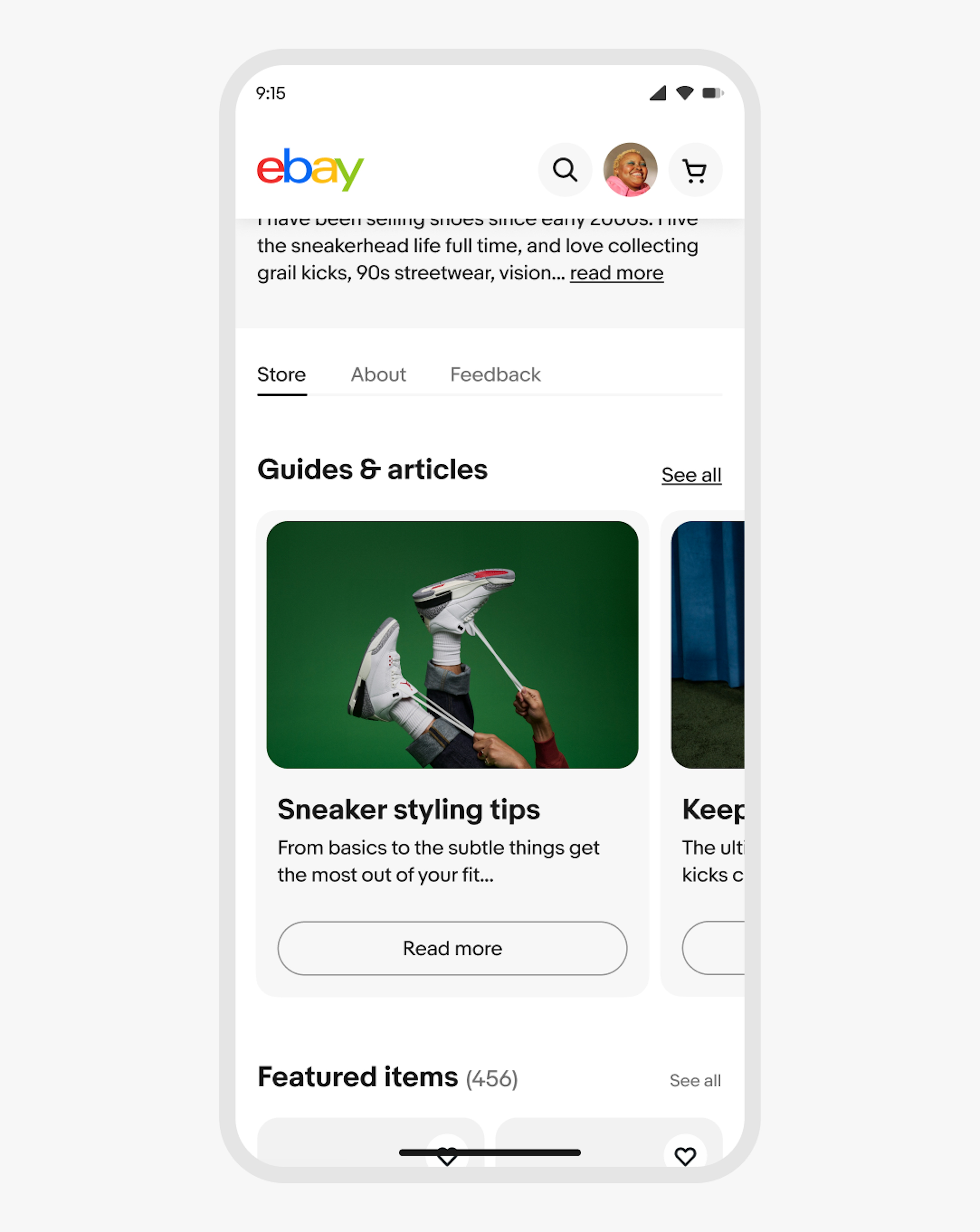 A phone screen with body copy, tabs labeled “Store”, “About”, and “Feedback”, a section labeled “Guides & articles”, and two cards with one view cut off in a carousel. 