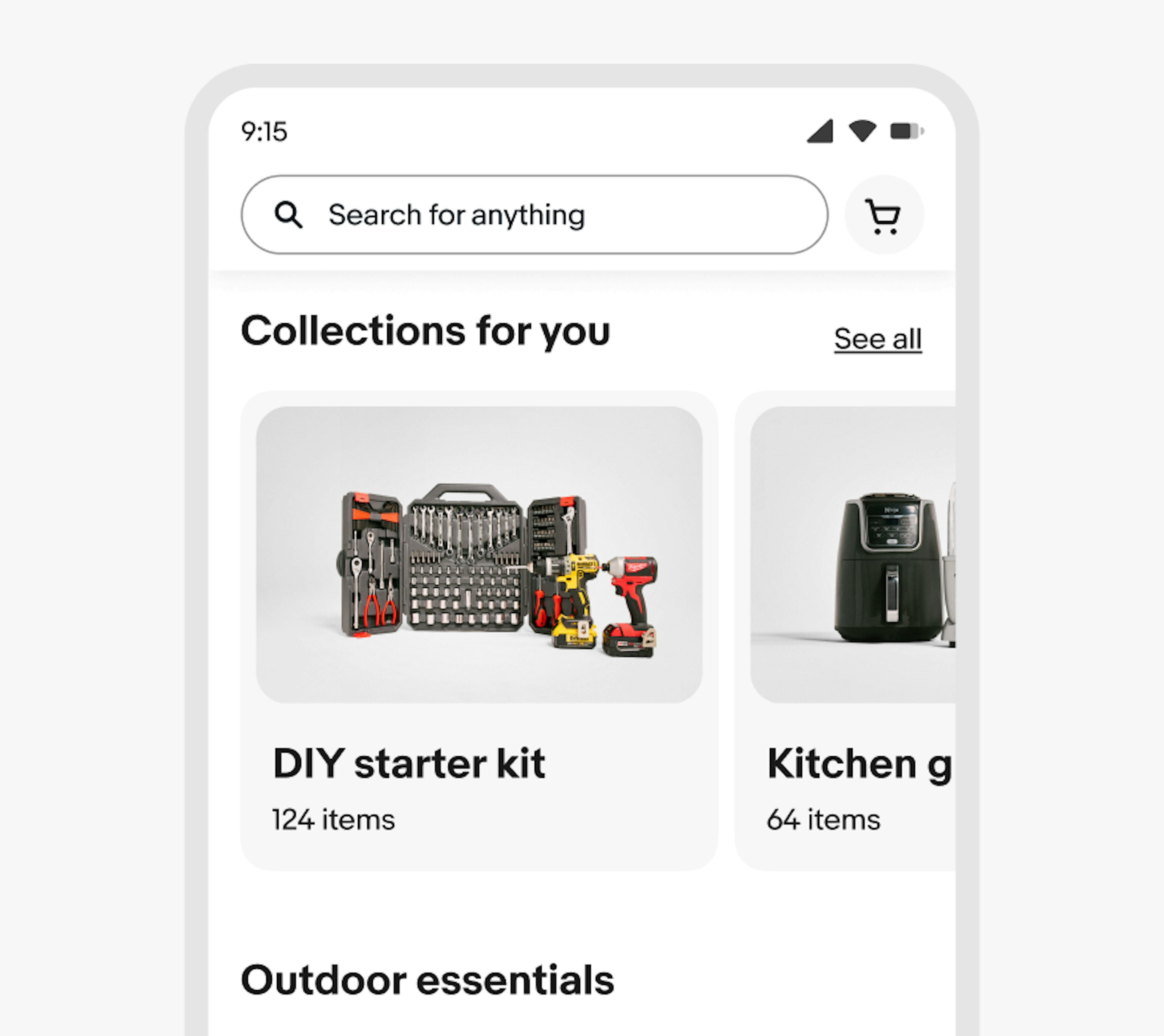 A phone screen with a search bar and shopping cart icon. Below is a carousel titled “Collections for you” and a CTA titled “See all” with one full card with an image of tools titled “DIY starter kit”, subtitled “124 items”. To the right is a partially viewable card. Both have a filled light grey background. 