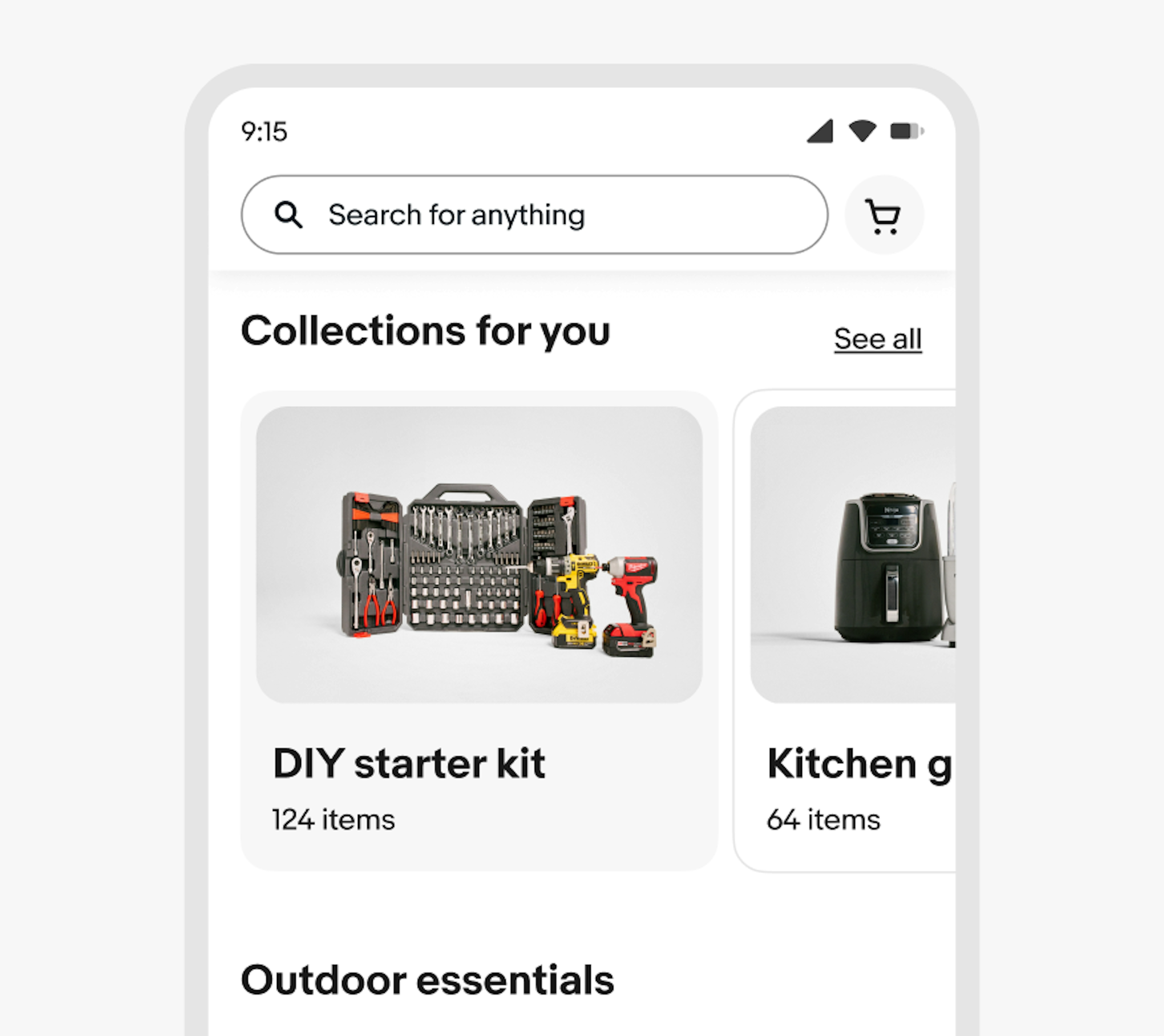 A phone screen with a search bar and shopping cart icon. Below is a carousel titled “Collections for you” and a CTA titled “See all” with one full card with an image of tools titled “DIY starter kit”, subtitled “124 items”. To the right is a partially viewable card. The full card has a light grey background, the second card has a white background with a border. 