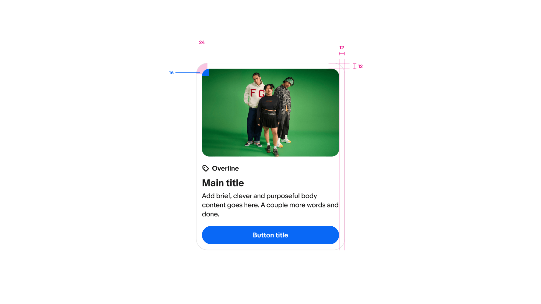 A card with specs highlighted. The corner radius of the image is 16px and the corner radius of the card is 24px. The padding around the edge is 12px.