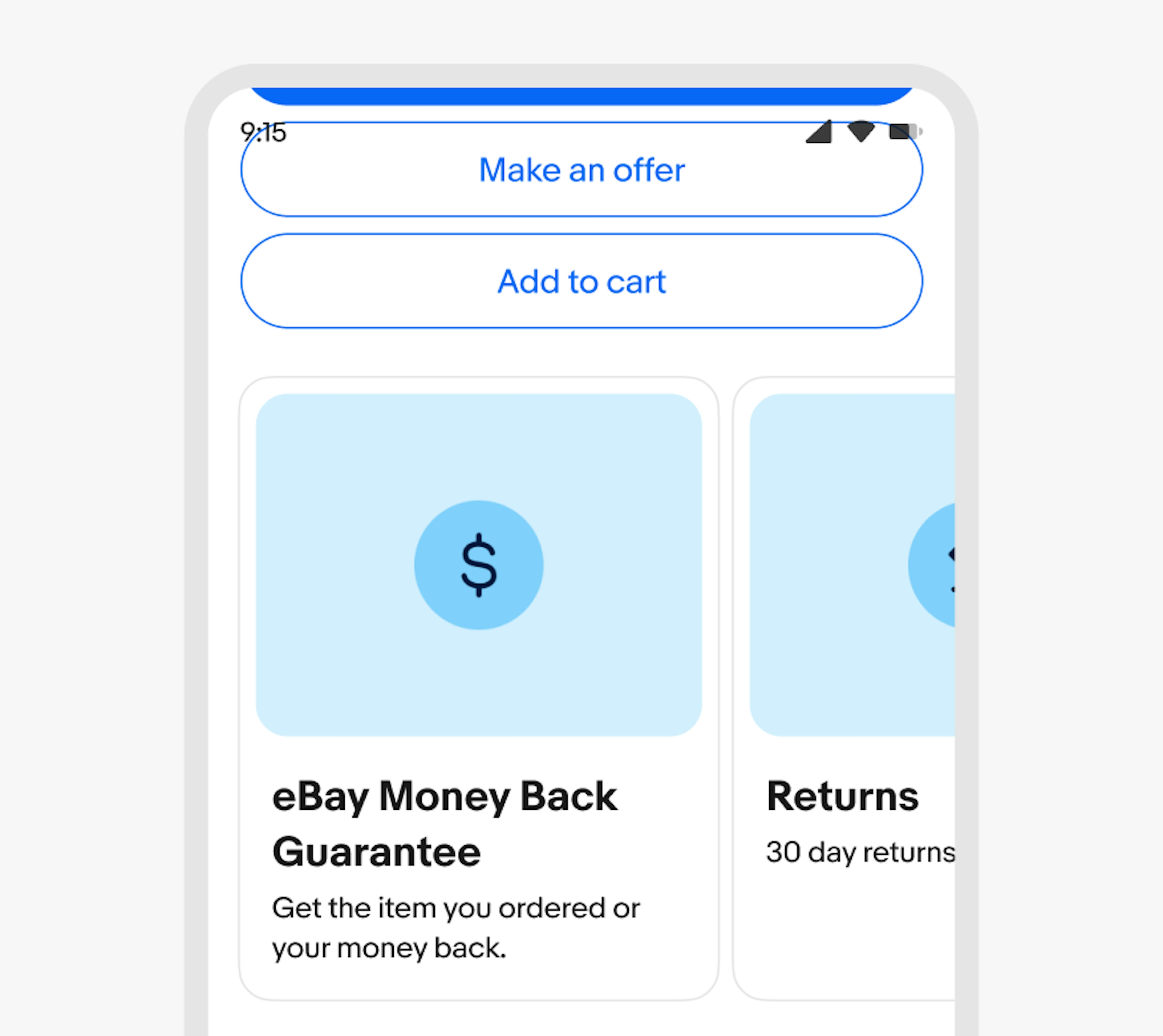 A phone screen with two CTAs titled “Make an offer” and “Add to cart”. Below is a carousel with cards. Both have an icon and copy.   