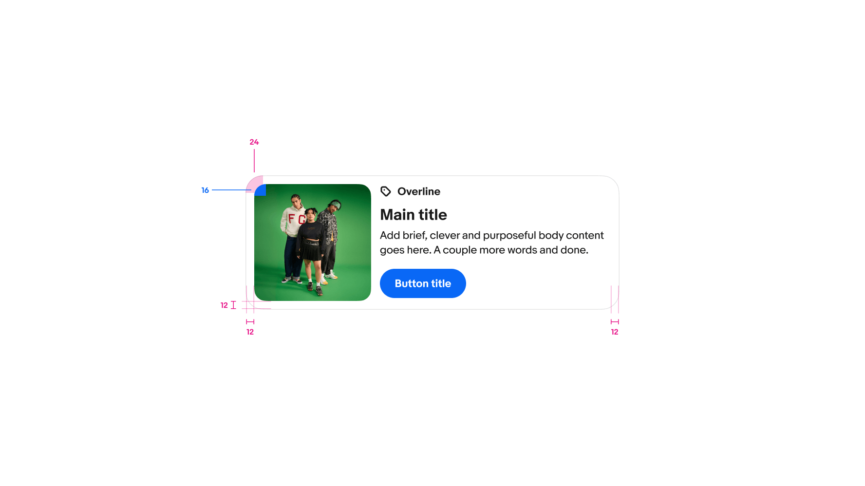 A horizontal card with specs highlighted. The corner radius of the image is 16px and the corner radius of the card is 24px. The padding around the edge is 12px.