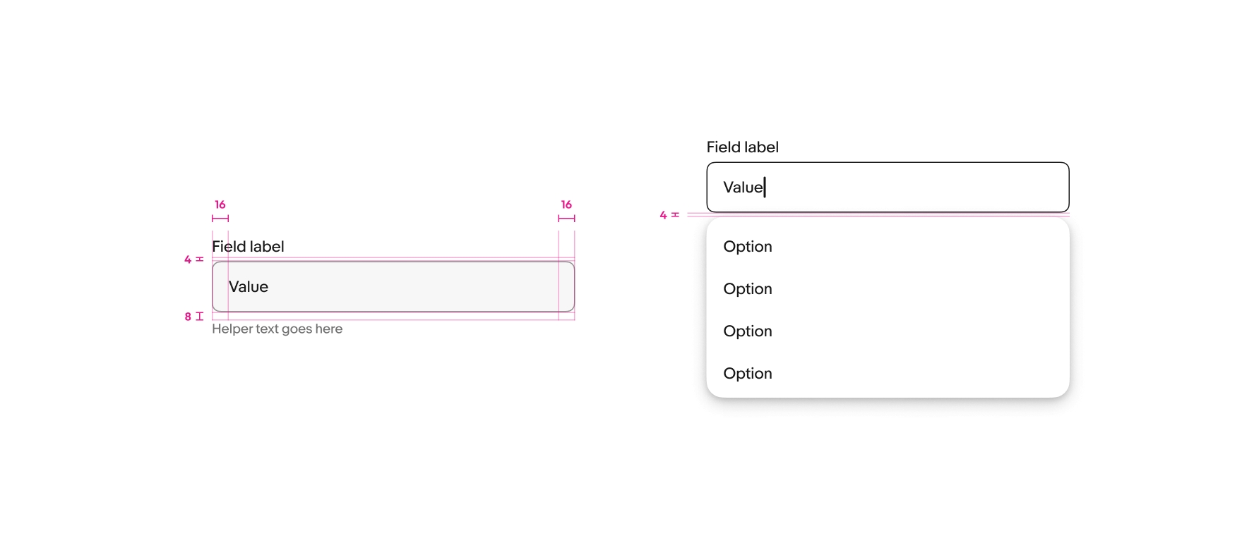 A combobox sits to the left of a combobox with a menu popover. Combobox dimensions: padding on the left and right of content is 16px, padding between Field label and combobox is 4px, padding between combobox and helper text is 8px. Padding between combobox and a menu popover is 4px.