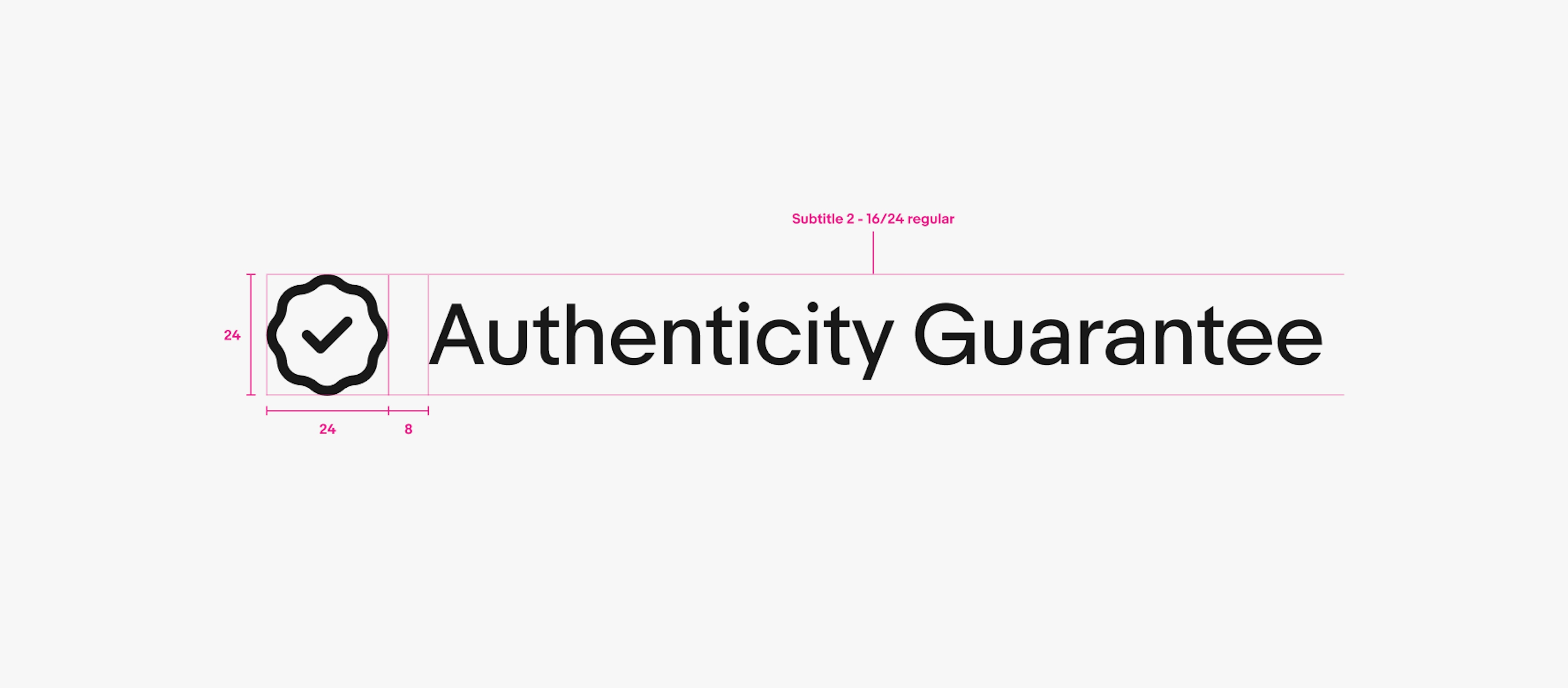 A detailed spec of a 24px single line program badge lockup. From left to right is a 24px icon, 8px of space, and text using the subtitle 2 - 16/24 regular text style.