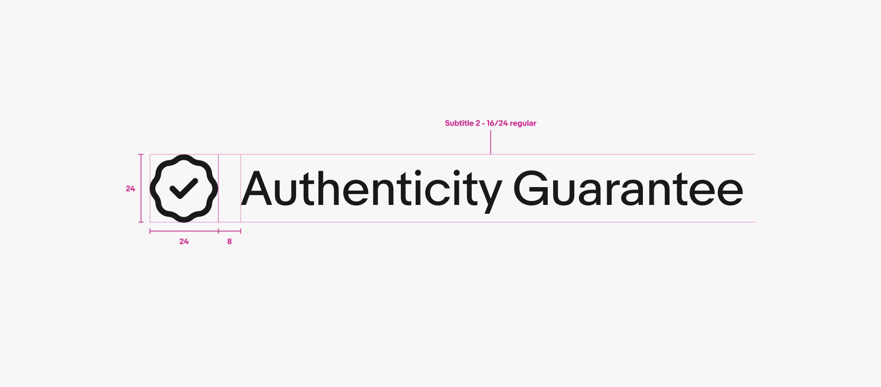 A detailed spec of a 24px single line program badge lockup. From left to right is a 24px icon, 8px of space, and text using the subtitle 2 - 16/24 regular text style.